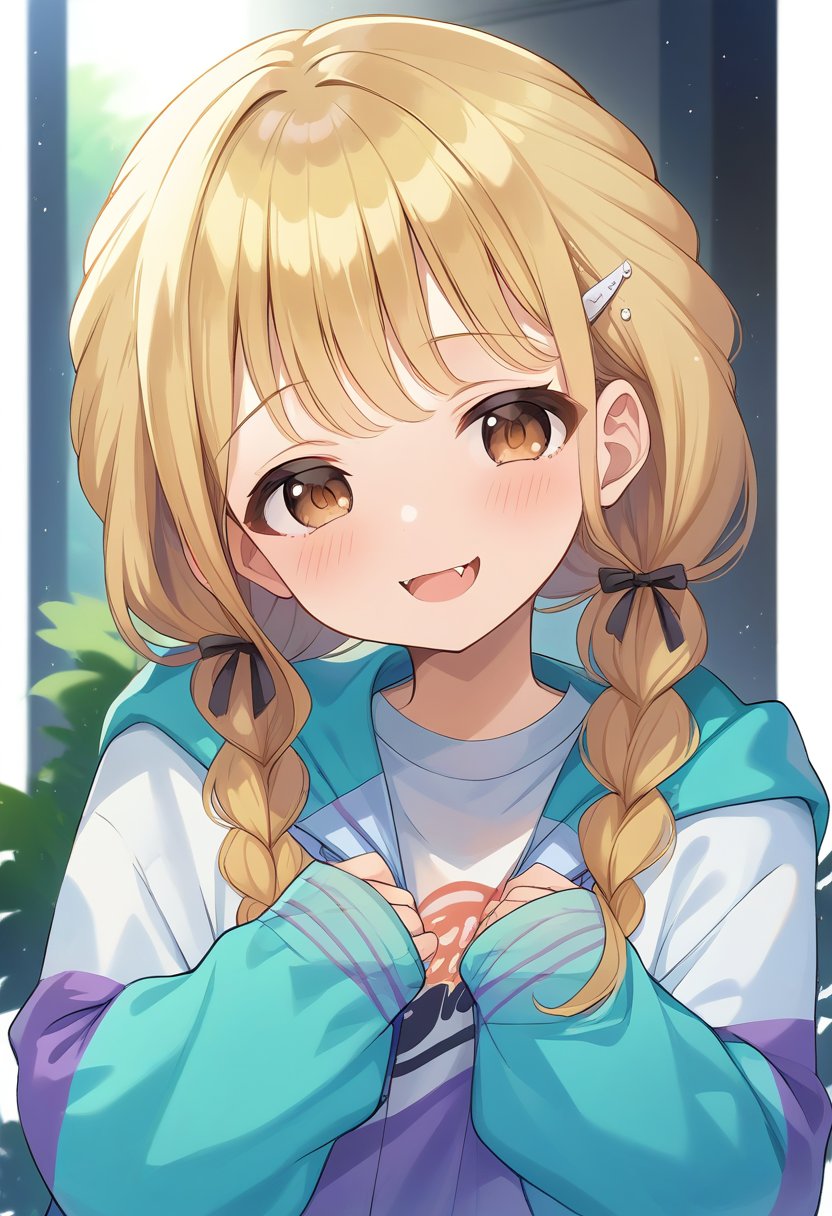 score_9, score_8_up, source anime, rating explicit,absurdity, 1girl, solo, kotone-default, fujita kotone, brown eyes, cute eyes, blonde hair, twin braids,hair ornament,(white hairclip:0.8), multicolored hoodie,sleeves past wrists, upper_body, skirt, smile, opened mouth, fangs, half_closed eyes