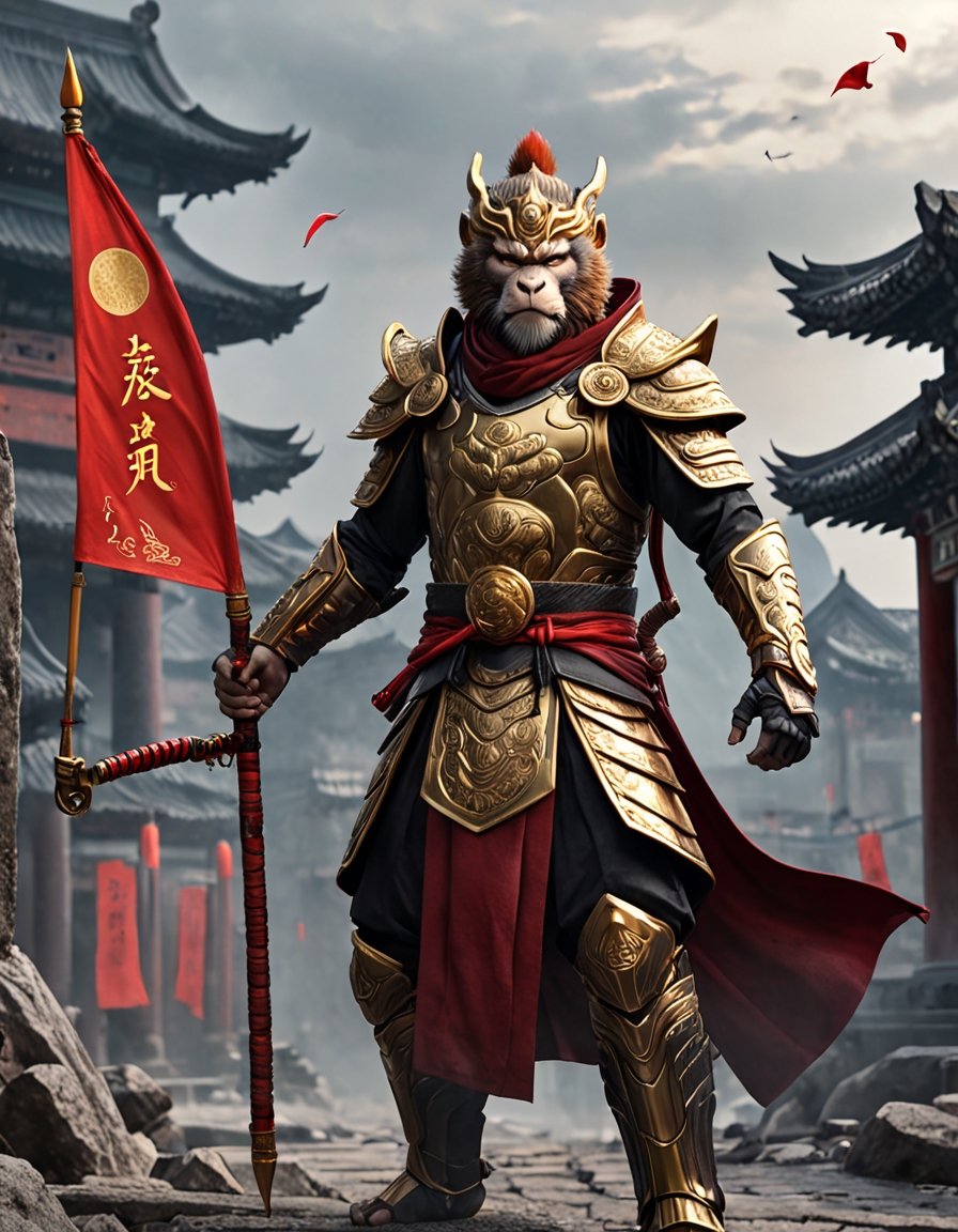  Sun Wukong, the Monkey King, clad in black armor and wielding his Ruyi Jingu Bang (Golden Cudgel), stands before the gate of an ancient city
Background he ancient city behind him is in ruins, with enemy
flags planted on the walls
Playful yet serious expression
Humanoid figure
Expressive facial features
Mystical aura
Iconic headband
Tail
Ancient city
Ultra-fine painting
Black armor
Red cloak
Fierce expression
Indomitable will
Invincible aura
Lonely guardian
Warring States, Three Kingdoms style
Aerial view
Ferocious face
Sharp eyes
Fluttering armor and cloak
Ruined ancient city
Desolate atmosphere
Central figure
Dark sky
Dark, gray, brown tones
3D Realistic Style
Highly detailed
4k, 8k, highres
Realistic, photorealistic, photo-realistic