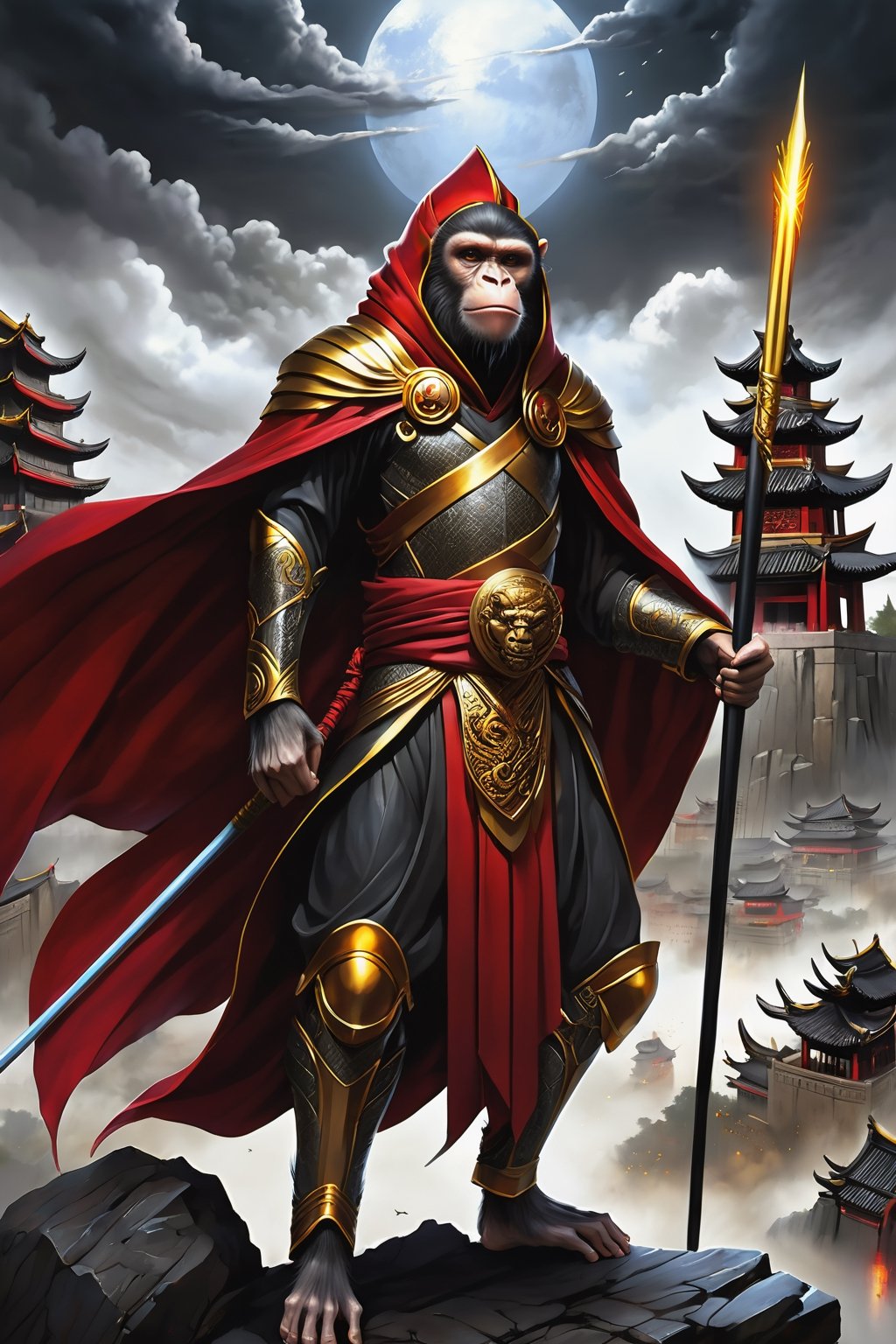 a man  Mythical hero Monkey-like features Playful yet serious expression Humanoid figure Expressive facial features Mystical aura Iconic headband Tail  
Ancient city Ultra-fine painting
Black armor
Red cloak
Fierce expression
Yellow metal staff
Indomitable will
Invincible aura
Lonely guardian
Warring States, Three Kingdoms style
Aerial view
Ferocious face
Sharp eyes
Fluttering armor and cloak
Ruined ancient city
Desolate atmosphere
Central figure
Dark sky
Dark, gray, brown tones Red and gold highlights


3D Realistic Style Highly detailed 4k, 8k, highres: 4K, 8K
Realistic, photorealistic, photo-realistic, in the style of esao andrews,DonM3lv3nM4g1cXL,LegendDarkFantasy