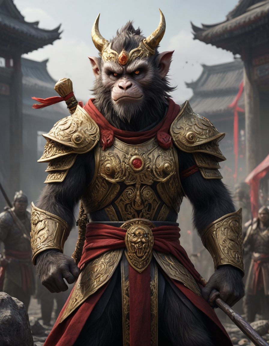 Subject: Sun Wukong, the Monkey King, clad in black armor and wielding his Ruyi Jingu Bang (Golden Cudgel), stands before the gate of an ancient city
Background he ancient city behind him is in ruins, with enemy
 Foreground
In front of him are hundreds of demons and monsters, their faces twisted with rage, brandishing various weapons as they close in on Sun Wukong
flags planted on the walls
Playful yet serious expression
Humanoid figure
Expressive facial features
Mystical aura
Iconic headband
Tail
Ultra-fine painting
Black armor
Red cloak
Fierce expression
Invincible aura
Lonely guardian
Warring States, Three Kingdoms style
Aerial view
Ferocious face
Sharp eyes
Fluttering armor and cloak
Ruined ancient city
Desolate atmosphere
Central figure
Dark sky
Yellow metal staff
Dark, gray, brown tones
Red and gold highlights
3D Realistic Style
Highly detailed
4k, 8k, highres
Realistic, photorealistic, photo-realistic