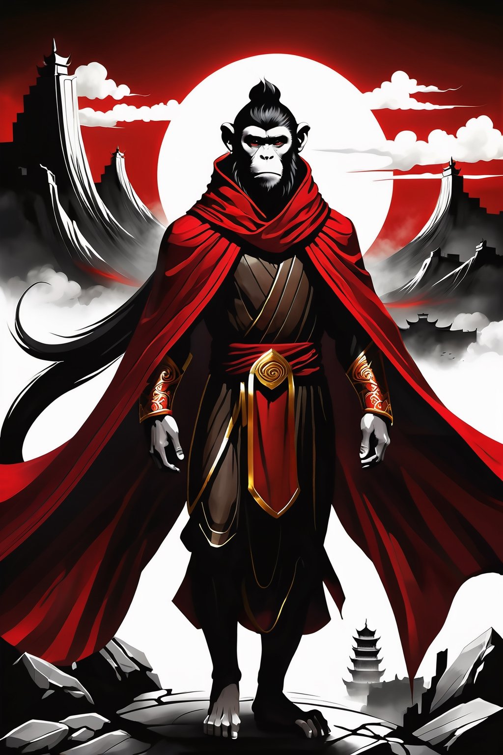 a man  Mythical hero Monkey-like features Playful yet serious expression Humanoid figure Expressive facial features Mystical aura Iconic headband Tail  
Ancient city Ultra-fine painting
Black armor
Red cloak
Fierce expression
Indomitable will
Invincible aura
Lonely guardian
Warring States, Three Kingdoms style
Aerial view
Ferocious face
Sharp eyes
Fluttering armor and cloak
Ruined ancient city
Desolate atmosphere
Central figure
Dark sky
Dark, gray, brown tones Red and gold highlights


3D Realistic Style Highly detailed 4k, 8k, highres: 4K, 8K
Realistic, photorealistic, photo-realistic, in the style of esao andrews,DonM3lv3nM4g1cXL,LegendDarkFantasy,more detail XL