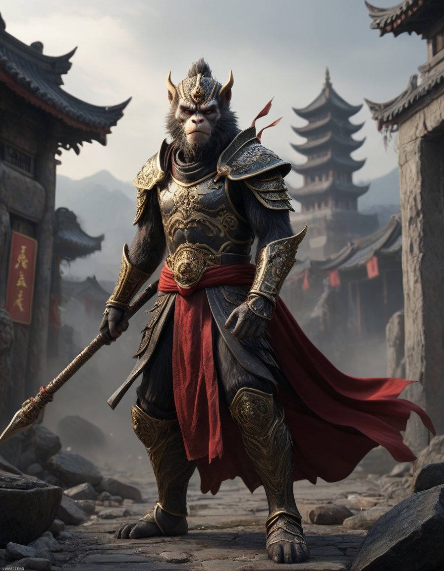 Subject: Sun Wukong, the Monkey King, clad in black armor and wielding his Ruyi Jingu Bang (Golden Cudgel), stands before the gate of an ancient city
Background he ancient city behind him is in ruins, with enemy
 Foreground
In front of him are hundreds of demons and monsters, their faces twisted with rage, brandishing various weapons as they close in on Sun Wukong
flags planted on the walls
Playful yet serious expression
Humanoid figure
Expressive facial features
Mystical aura
Iconic headband
Tail
Ancient city
Ultra-fine painting
Black armor
Red cloak
Fierce expression
Indomitable will
Invincible aura
Lonely guardian
Warring States, Three Kingdoms style
Aerial view
Ferocious face
Sharp eyes
Fluttering armor and cloak
Ruined ancient city
Desolate atmosphere
Central figure
Dark sky
Yellow metal staff
Dark, gray, brown tones
Red and gold highlights
3D Realistic Style
Highly detailed
4k, 8k, highres
Realistic, photorealistic, photo-realistic