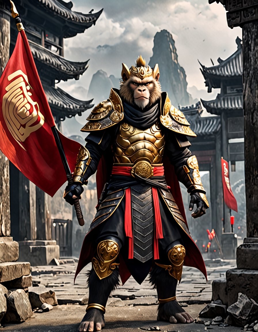  Sun Wukong, the Monkey King, clad in black armor and wielding his Ruyi Jingu Bang (Golden Cudgel), stands before the gate of an ancient city
Background he ancient city behind him is in ruins, with enemy
flags planted on the walls
Playful yet serious expression
Humanoid figure
Expressive facial features
Mystical aura
Iconic headband
Tail
Ancient city
Ultra-fine painting
Black armor
Red cloak
Fierce expression
Indomitable will
Invincible aura
Lonely guardian
Warring States, Three Kingdoms style
Aerial view
Ferocious face
Sharp eyes
Fluttering armor and cloak
Ruined ancient city
Desolate atmosphere
Central figure
Dark sky
Dark, gray, brown tones
3D Realistic Style
Highly detailed
4k, 8k, highres
Realistic, photorealistic, photo-realistic