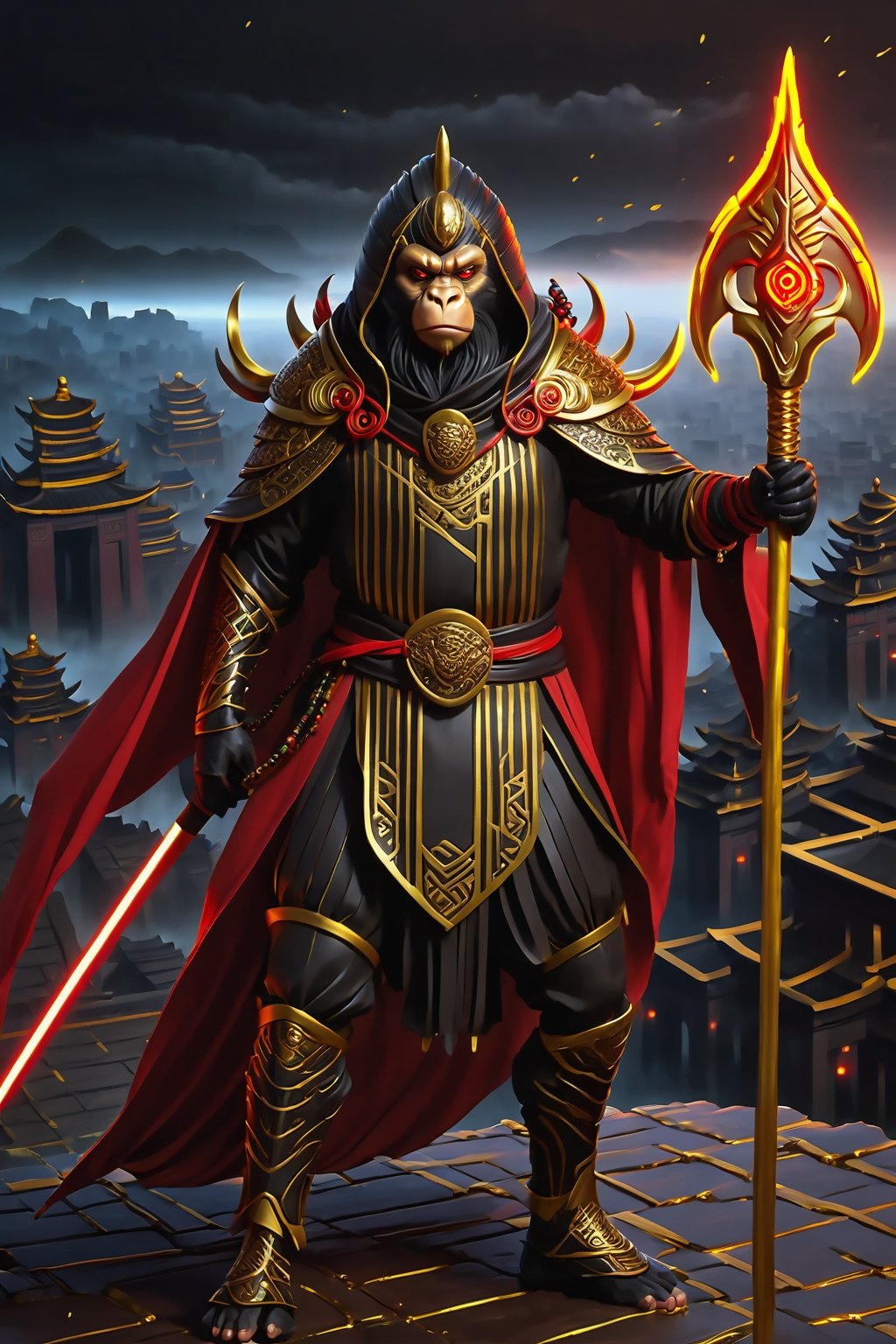 a man  Mythical hero Monkey-like features Playful yet serious expression Humanoid figure Expressive facial features Mystical aura Iconic headband Tail  
Ancient city Ultra-fine painting
Black armor
Red cloak
Fierce expression
Yellow metal staff
Indomitable will
Invincible aura
Lonely guardian
Warring States, Three Kingdoms style
Aerial view
Ferocious face
Sharp eyes
Fluttering armor and cloak
Ruined ancient city
Desolate atmosphere
Central figure
Dark sky
Dark, gray, brown tones
Red and gold highlights


3D Realistic Style Highly detailed 4k, 8k, highres: 4K, 8K
Realistic, photorealistic, photo-realistic, in the style of esao andrews,DonM3lv3nM4g1cXL,LegendDarkFantasy,shards,ral-chrcrts,Movie Still