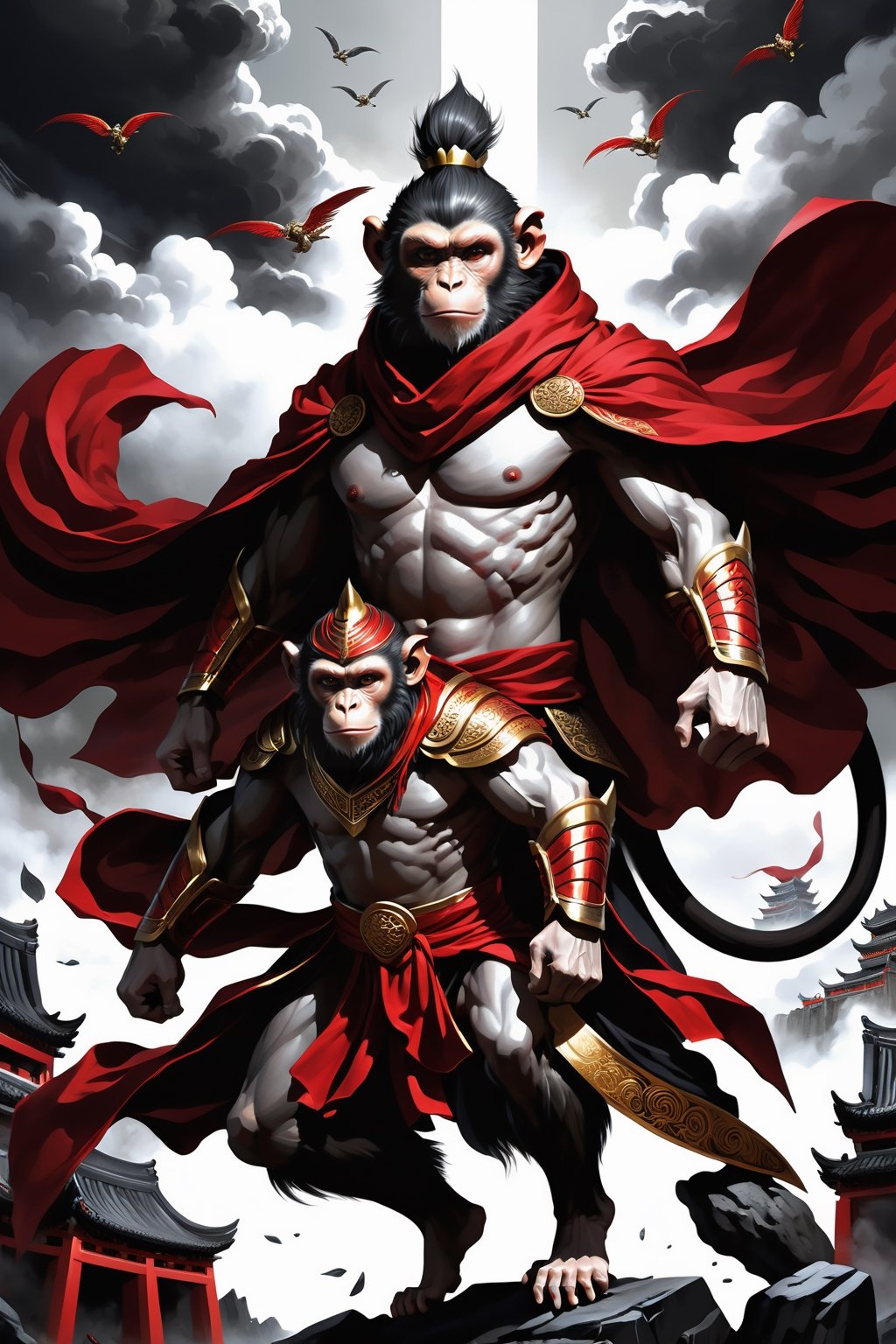 a man  Mythical hero Monkey-like features Playful yet serious expression Humanoid figure Expressive facial features Mystical aura Iconic headband Tail  
Ancient city Ultra-fine painting
Black armor
Red cloak
Fierce expression
Indomitable will
Invincible aura
Lonely guardian
Warring States, Three Kingdoms style
Aerial view
Ferocious face
Sharp eyes
Fluttering armor and cloak
Ruined ancient city
Desolate atmosphere
Central figure
Dark sky
Dark, gray, brown tones Red and gold highlights


3D Realistic Style Highly detailed 4k, 8k, highres: 4K, 8K
Realistic, photorealistic, photo-realistic, in the style of esao andrews,DonM3lv3nM4g1cXL,LegendDarkFantasy,more detail XL