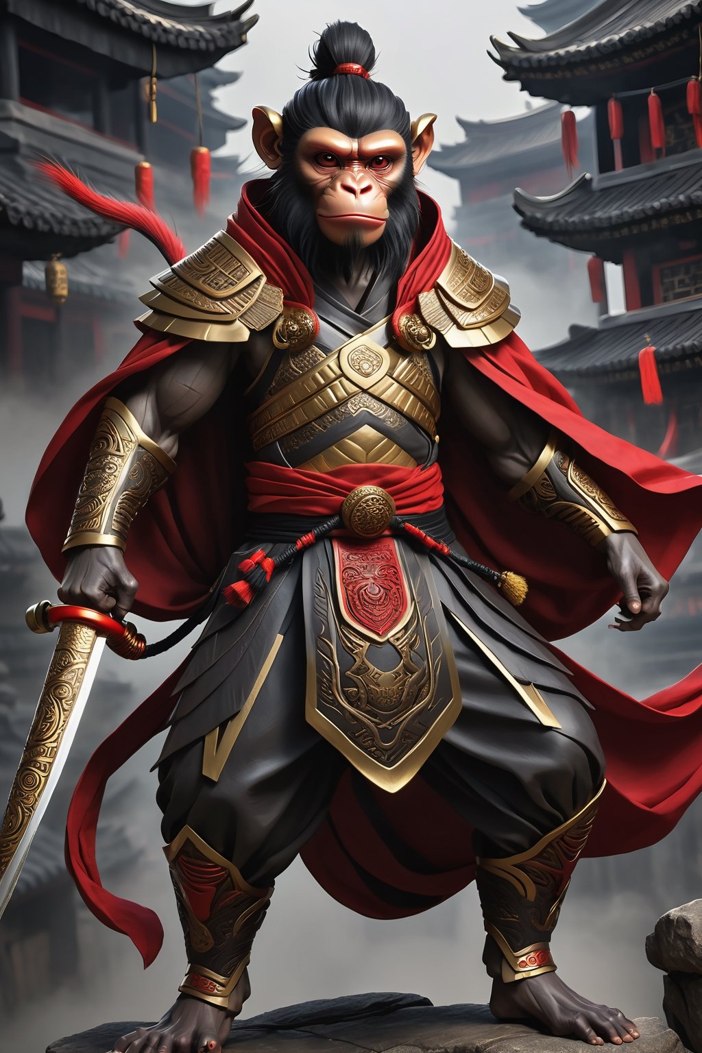a man  Mythical hero Monkey-like features Playful yet serious expression Humanoid figure Expressive facial features Mystical aura Iconic headband Tail  
Ancient city Ultra-fine painting
Black armor
Red cloak
Fierce expression
Indomitable will
Invincible aura
Lonely guardian
Warring States, Three Kingdoms style
Aerial view
Ferocious face
Sharp eyes
Fluttering armor and cloak
Ruined ancient city
Desolate atmosphere
Central figure
Dark sky
Dark, gray, brown tones Red and gold highlights


3D Realistic Style Highly detailed 4k, 8k, highres: 4K, 8K
Realistic, photorealistic, photo-realistic, in the style of esao andrews,DonM3lv3nM4g1cXL,LegendDarkFantasy