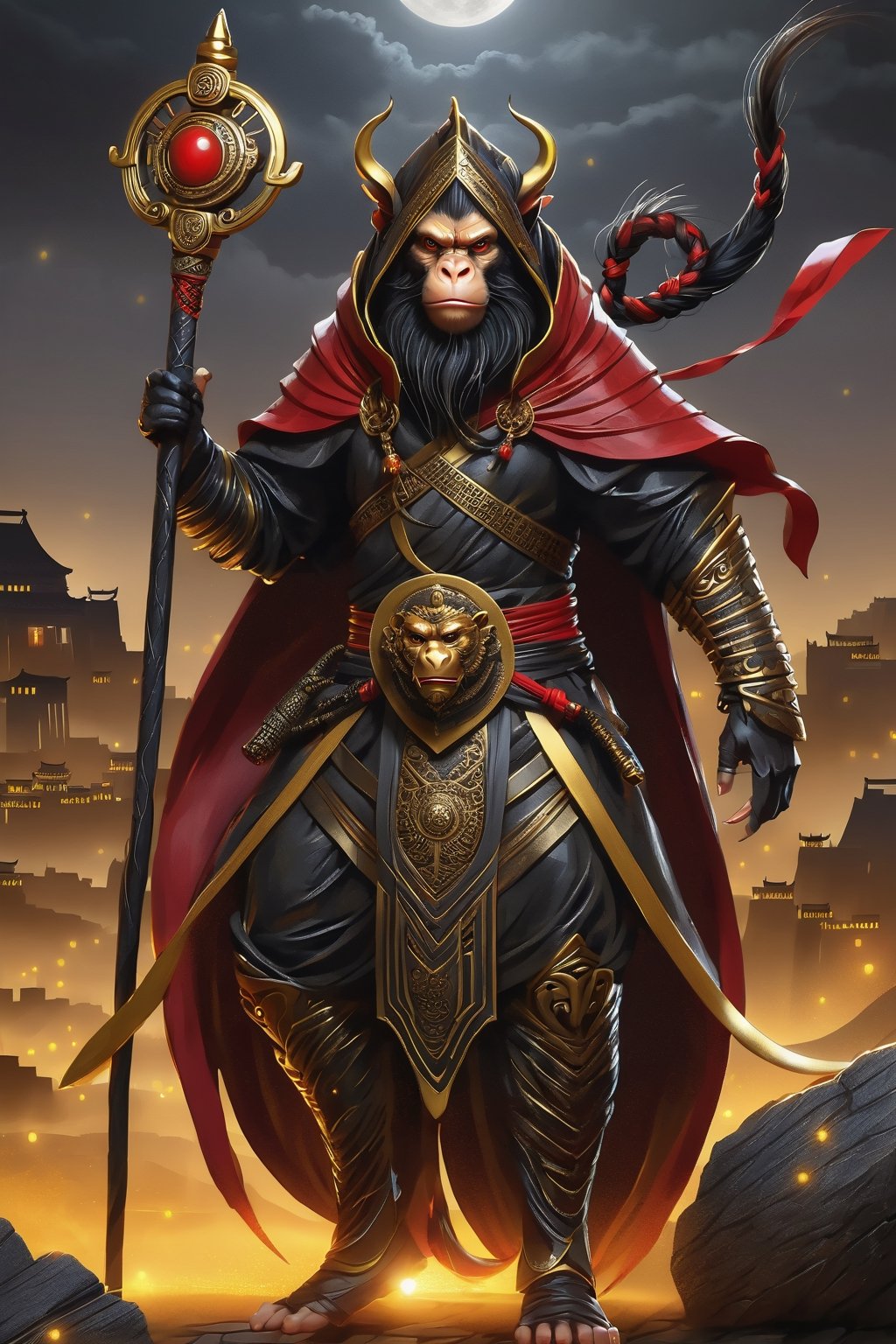 a man  Mythical hero Monkey-like features Playful yet serious expression Humanoid figure Expressive facial features Mystical aura Iconic headband Tail  
Ancient city Ultra-fine painting
Black armor
Red cloak
Fierce expression
Yellow metal staff
Indomitable will
Invincible aura
Lonely guardian
Warring States, Three Kingdoms style
Aerial view
Ferocious face
Sharp eyes
Fluttering armor and cloak
Ruined ancient city
Desolate atmosphere
Central figure
Dark sky
Dark, gray, brown tones Red and gold highlights


3D Realistic Style Highly detailed 4k, 8k, highres: 4K, 8K
Realistic, photorealistic, photo-realistic, in the style of esao andrews,DonM3lv3nM4g1cXL,LegendDarkFantasy,skpleonardostyle,photo r3al