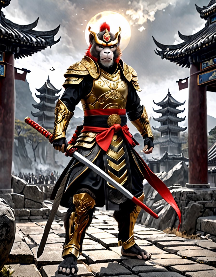  Sun Wukong, the Monkey King, clad in black armor and wielding his Ruyi Jingu Bang (Golden Cudgel), stands before the gate of an ancient city
Background he ancient city behind him is in ruins, with enemy
flags planted on the walls
Playful yet serious expression
Humanoid figure
Expressive facial features
Mystical aura
Iconic headband
Tail
Ancient city
Ultra-fine painting
Black armor
Red cloak
Fierce expression
Indomitable will
Invincible aura
Lonely guardian
Warring States, Three Kingdoms style
Aerial view
Ferocious face
Sharp eyes
Fluttering armor and cloak
Ruined ancient city
Desolate atmosphere
Central figure
Dark sky
Dark, gray, brown tones
3D Realistic Style
Highly detailed
4k, 8k, highres
Realistic, photorealistic, photo-realistic