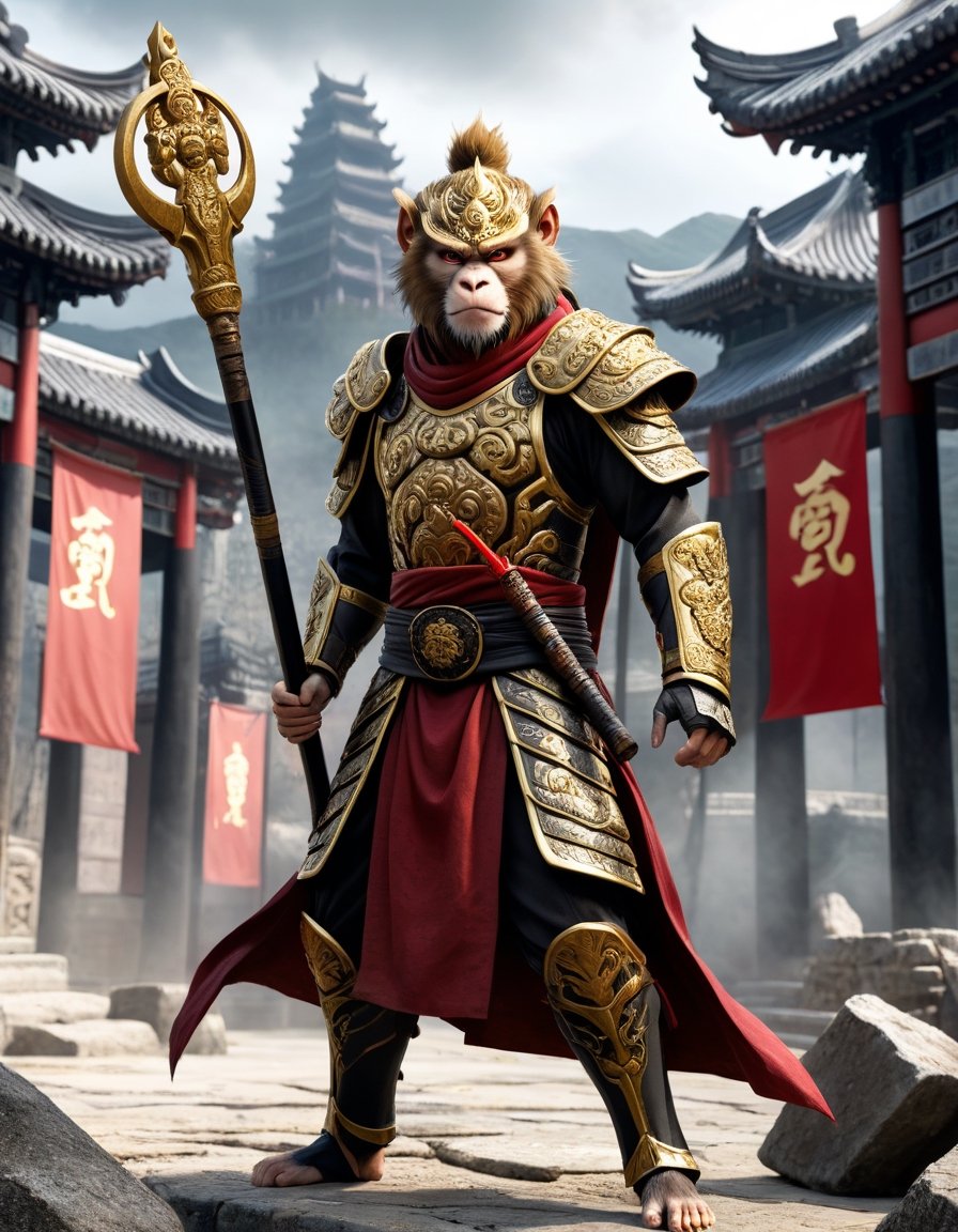  Sun Wukong, the Monkey King, clad in black armor and wielding his Ruyi Jingu Bang (Golden Cudgel), stands before the gate of an ancient city
Background he ancient city behind him is in ruins, with enemy
flags planted on the walls
Playful yet serious expression
Humanoid figure
Expressive facial features
Mystical aura
Iconic headband
Tail
Ancient city
Ultra-fine painting
Black armor
Red cloak
Fierce expression
Indomitable will
Invincible aura
Lonely guardian
Warring States, Three Kingdoms style
Aerial view
Ferocious face
Sharp eyes
Fluttering armor and cloak
Ruined ancient city
Desolate atmosphere
Central figure
Dark sky
Dark, gray, brown tones
3D Realistic Style
Highly detailed
4k, 8k, highres
Realistic, photorealistic, photo-realistic