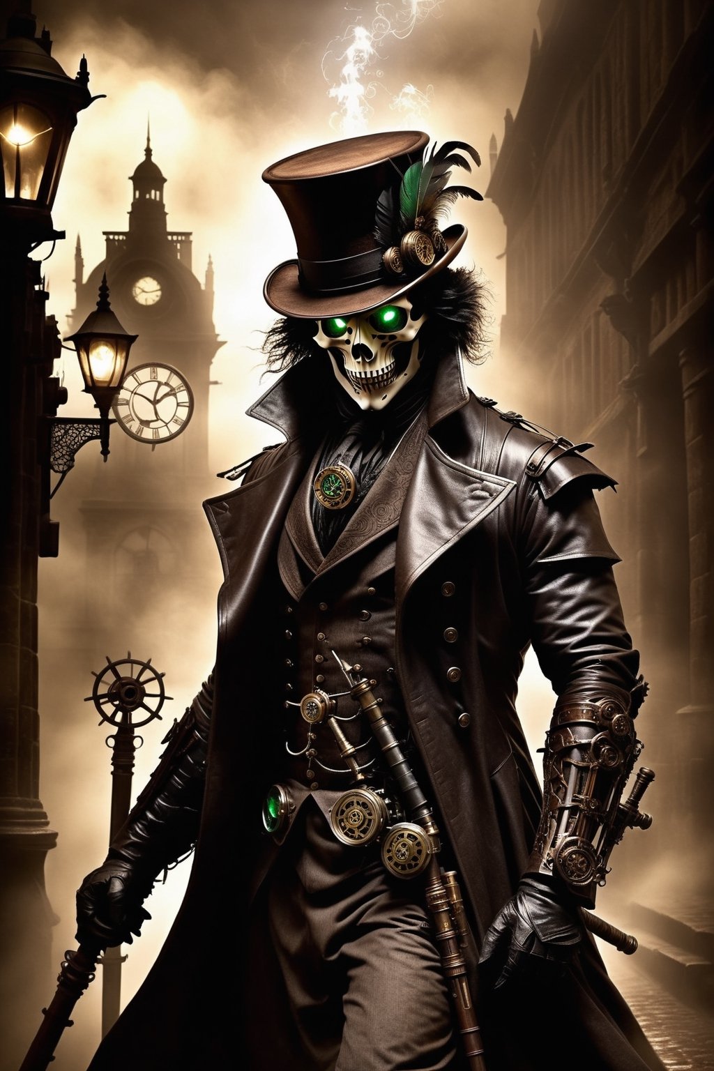 Imagine the Grim Reaper transformed into a Steampunk icon. He dons a dark, leather trench coat adorned with brass gears and intricate clockwork designs. His eyes glint from behind a pair of vintage, round goggles, their lenses tinted a haunting shade of green. On his head rests a tall, brown top hat decorated with feathers and small mechanical contraptions that whir softly. He wields a staff, its handle fashioned from polished wood, topped with a raven skull encased in a brass frame. A complex array of gears and pipes snake around his skeletal frame, hissing steam and glowing faintly in the dim, gas-lit ambiance. The backdrop is a misty, cobblestone alleyway, lined with old brick buildings and cast-iron lampposts. Ravens, mechanical and real, perch on the ledges, their eyes glimmering with an eerie intelligence. The entire scene is bathed in a sepia tone, evoking a sense of both ancient mystery and futuristic wonder.,LegendDarkFantasy