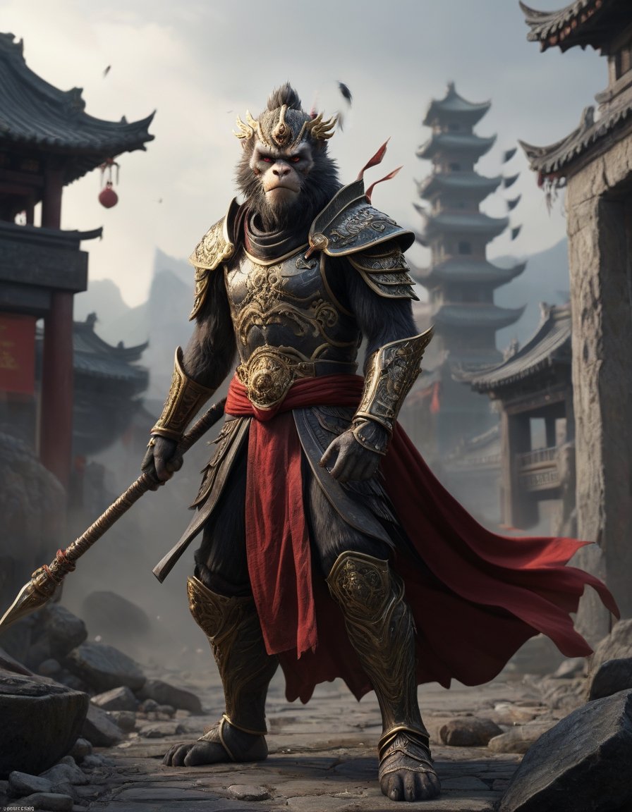 Subject: Sun Wukong, the Monkey King, clad in black armor and wielding his Ruyi Jingu Bang (Golden Cudgel), stands before the gate of an ancient city
Background he ancient city behind him is in ruins, with enemy
 Foreground
In front of him are hundreds of demons and monsters, their faces twisted with rage, brandishing various weapons as they close in on Sun Wukong
flags planted on the walls
Playful yet serious expression
Humanoid figure
Expressive facial features
Mystical aura
Iconic headband
Tail
Ancient city
Ultra-fine painting
Black armor
Red cloak
Fierce expression
Indomitable will
Invincible aura
Lonely guardian
Warring States, Three Kingdoms style
Aerial view
Ferocious face
Sharp eyes
Fluttering armor and cloak
Ruined ancient city
Desolate atmosphere
Central figure
Dark sky
Yellow metal staff
Dark, gray, brown tones
Red and gold highlights
3D Realistic Style
Highly detailed
4k, 8k, highres
Realistic, photorealistic, photo-realistic