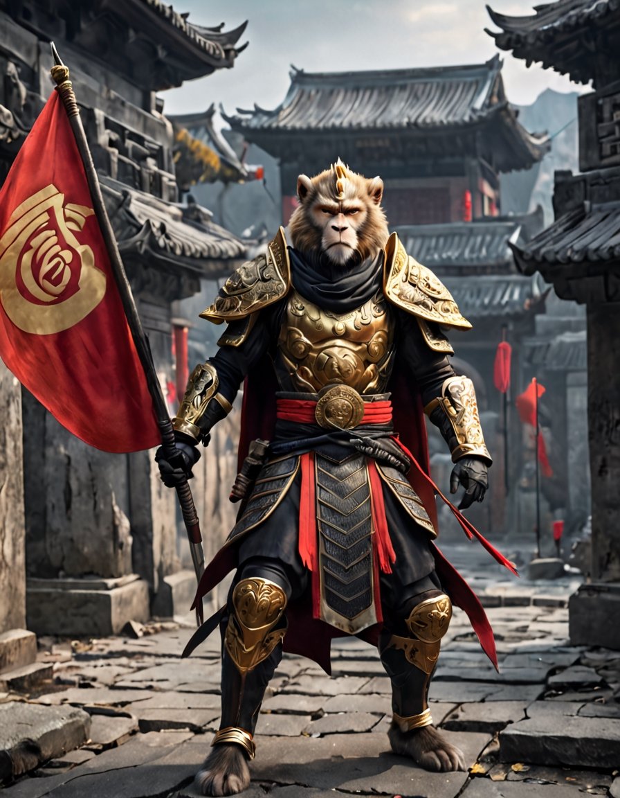  Sun Wukong, the Monkey King, clad in black armor and wielding his Ruyi Jingu Bang (Golden Cudgel), stands before the gate of an ancient city
Background he ancient city behind him is in ruins, with enemy
flags planted on the walls
Playful yet serious expression
Humanoid figure
Expressive facial features
Mystical aura
Iconic headband
Tail
Ancient city
Ultra-fine painting
Black armor
Red cloak
Fierce expression
Indomitable will
Invincible aura
Lonely guardian
Warring States, Three Kingdoms style
Aerial view
Ferocious face
Sharp eyes
Fluttering armor and cloak
Ruined ancient city
Desolate atmosphere
Central figure
Dark sky
Dark, gray, brown tones
3D Realistic Style
Highly detailed
4k, 8k, highres
Realistic, photorealistic, photo-realistic