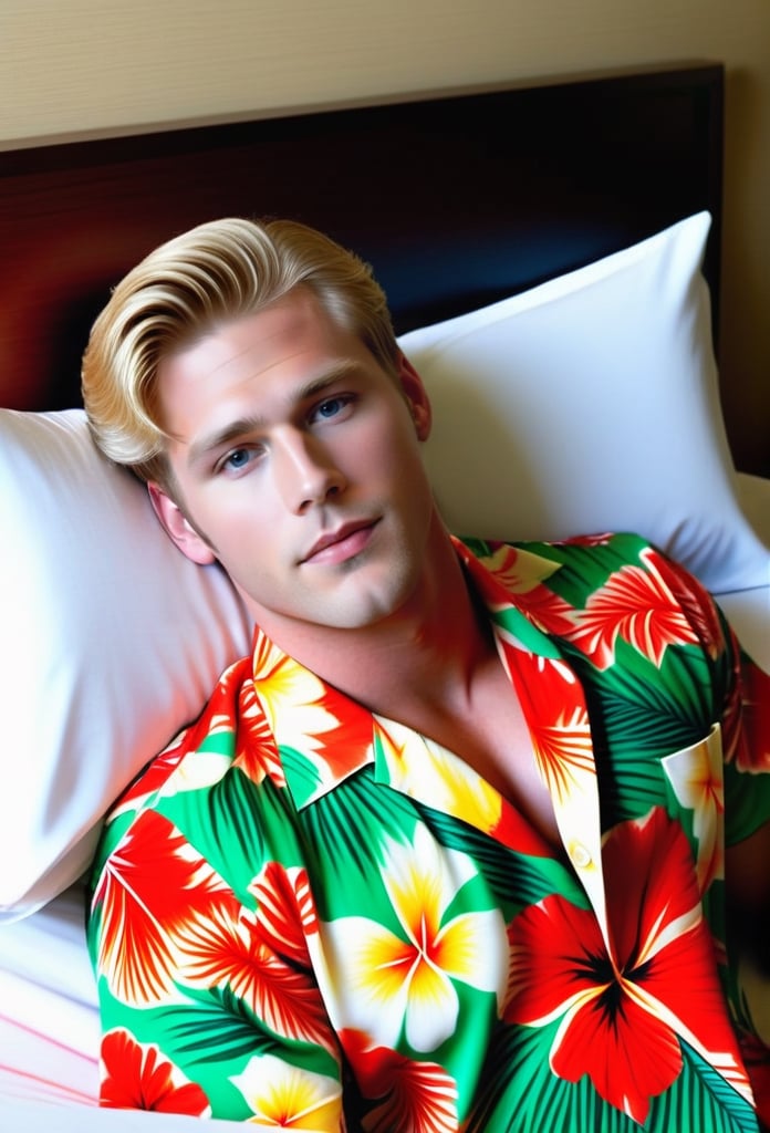  a blond haired man named Glen in a hawaiian shirt is laying on a bed in a hotel room. 