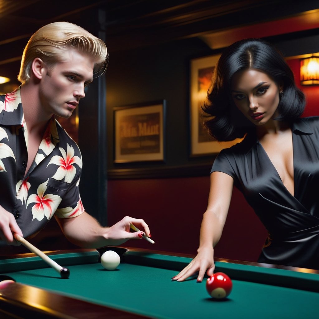 a blond haired man named Glen wearing a black hawaiian shirt is playing billards at a tavern bar with a femme fatale woman in a black elegant dress with black hair named June. noir. Dramatic lighting. Vampnoir.