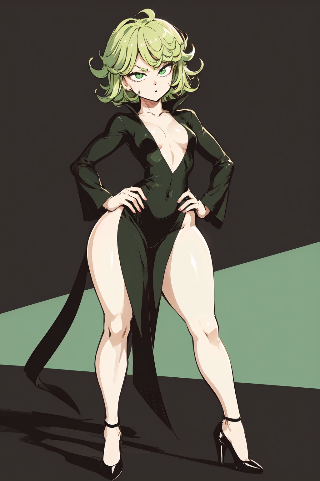 8k,solo, 1girl, tatsumaki, black dress, iom,(full body),standing,(thick thighs),flat chest,curly hair,short hair,BREAK green hair,angry,simple_background,highheels,detailed face,BREAK green eyes,skin-tight dress, hands on hips