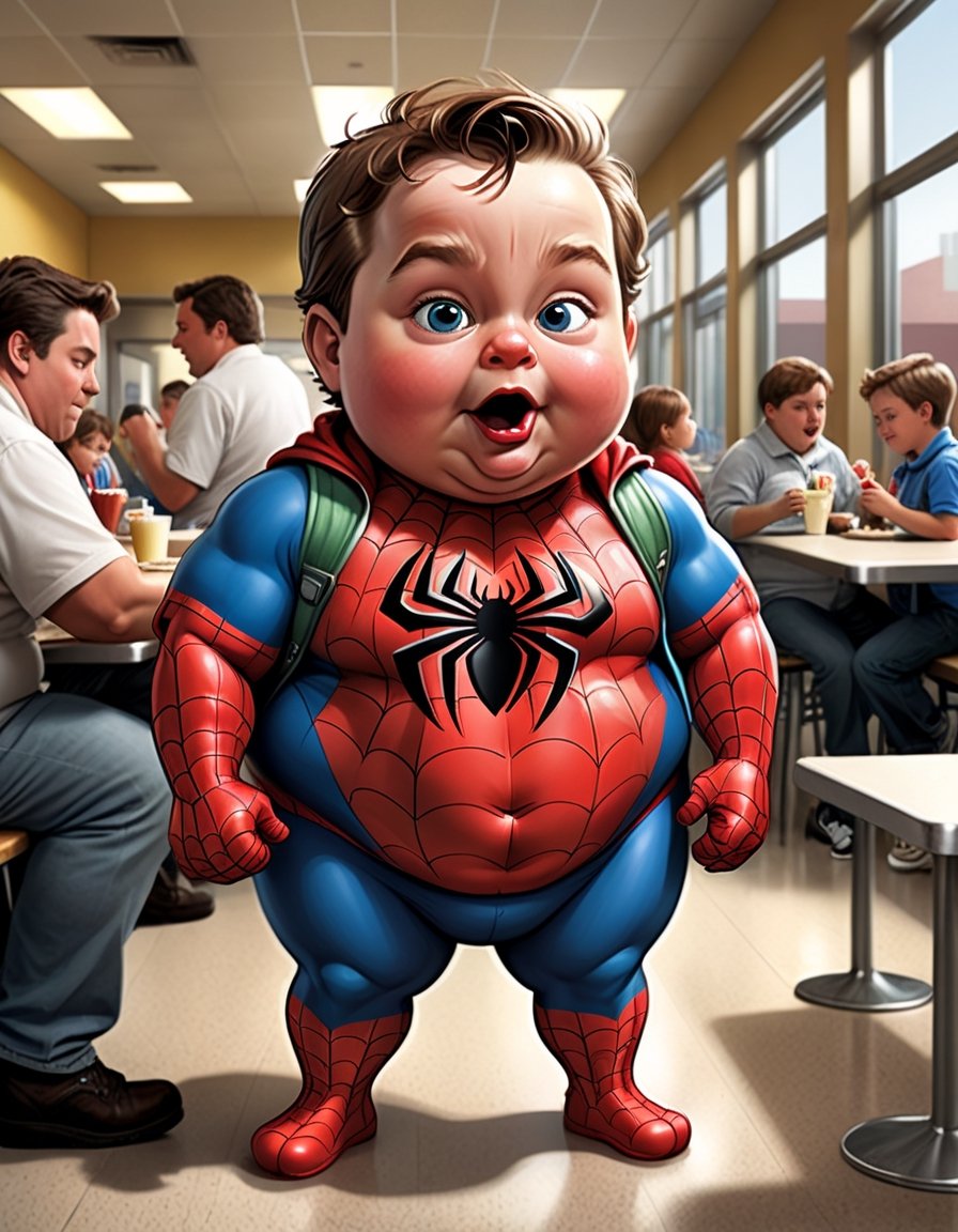 full body image, Spider Man fat belly, (tom holand) as a toddler, standing at cafeteria, eating huge buger, extreme caricature
,more detail XL