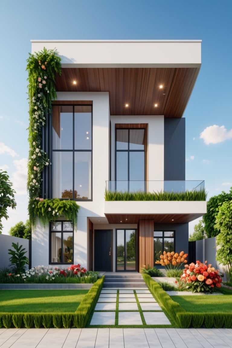 (masterpiece),(high quality), best quality, real,(realistic), super detailed, (full detail),(4k),8k,modern house exterior design,Modern architecture,Beautiful_sky,Day light, no_humans, outdoors,sky,tree,Garden flower front of building,