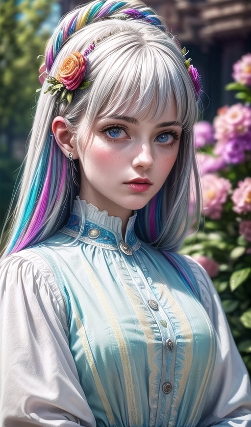 1 girl, silver-white hair, straight line cut bangs, flowers, outdoor, sky, extreme detailed, realistic, solo, beautifully detailed eyes, detailed fine nose, detailed fingers,
(masterpiece, top quality, best quality, official art, beautiful and aesthetic:1.2),(1girl:1.4), portrait,,extreme detailed,(fractal art:1.3),(colorful:1.5),highest detailed,(aristocracy:1.5),Anne