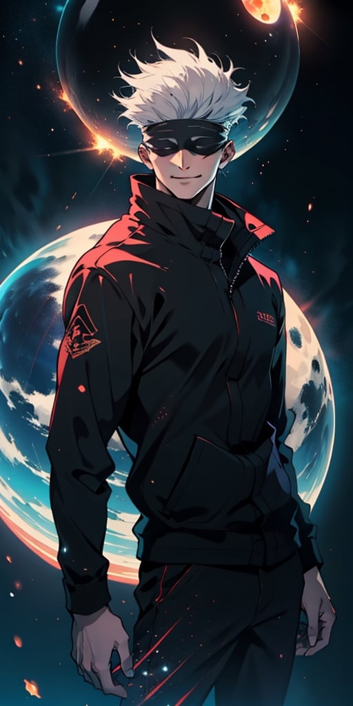 1boy, satoru gojo, blindfold, black jacket, white hair, standing, cowboy_shot, floating red energy sphere, floating blue energy sphere, smirk, black universe background, wallpaper, cinematic,fantasy00d