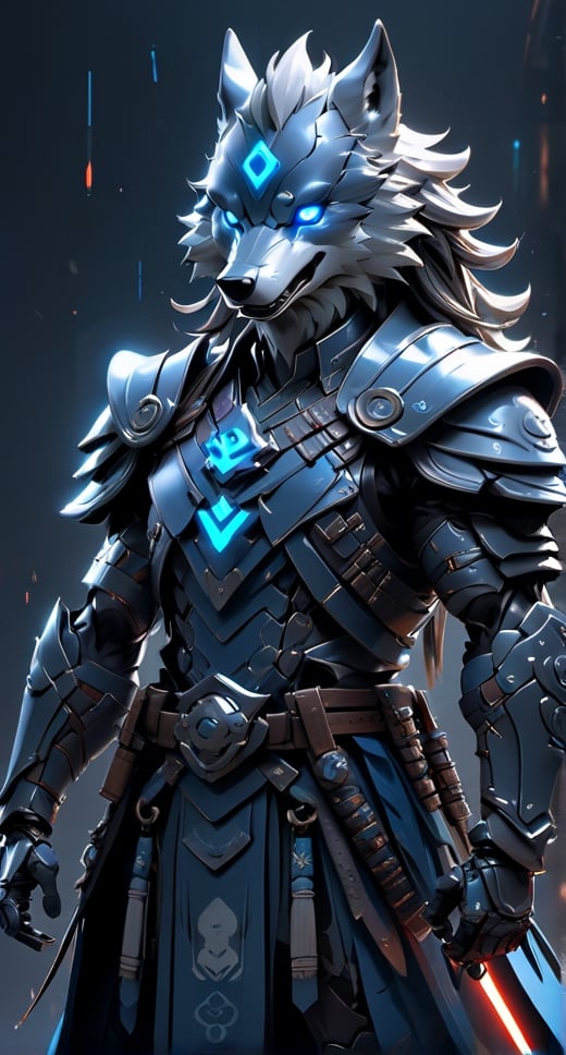 (((anthracite consept))), ((blue wolf head, pointed beak)), (masterpiece, best quality:1.5), EpicLogo, glowing armor, robot, blue metal irradiated samurai suit, look on viewer, wolf style, central view, hyper real, hues, Movie Still, samurai, full body, cinematic scene, intricate mech details , ground level shot, 8K resolution, Cinema 4D, Behance HD, polished metal, shiny, data, hair in dreadlock braids, katana on chest plate, glowing sword, skyfall background, muscular and broad shouldered, anthracite