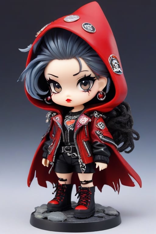 A punk rock version of Snow White, dressed in a rebellious fusion of avant-garde fashions. (standing: 1.2), red cape with hood and ripped mesh details, adorned with punk-inspired patches and brooches. Septum earrings, more calls, tattered dreadlocks, more patches, dirty, torn, anti-union spiked leather jackets, hardcore punk style jackets, punk badges, combat boots tied to legs, Rebellin,
(1girl:1.4), extreme detailed, highest detailed, (cute girl, 3year old:1.5), smokey eyes, bright red lips, (a sullen look:1.2), chibi,Xxmix_Catecat