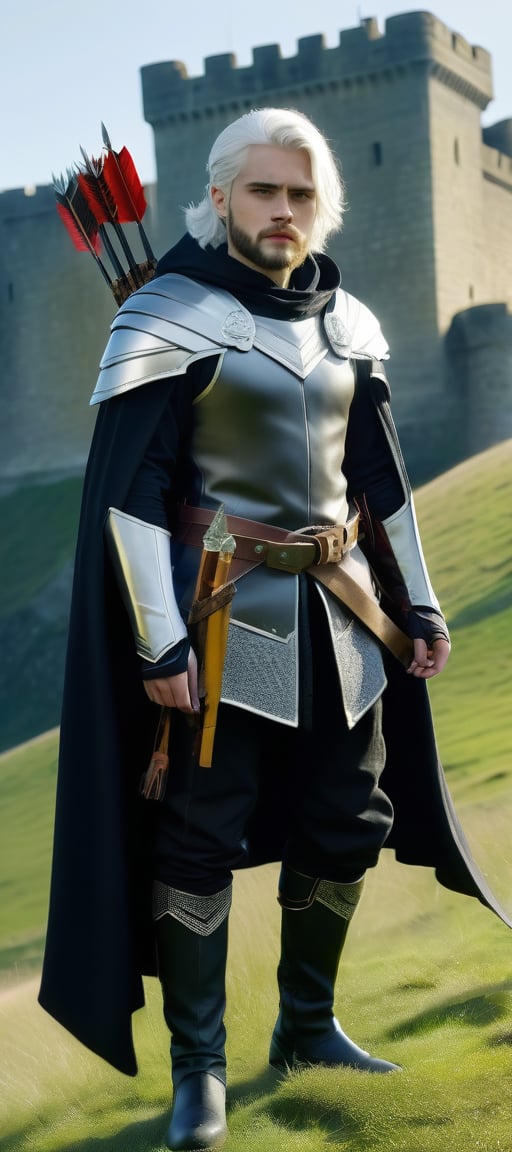 Full body image of a 24-year-old man with striking white hair and a beard, standing solo on a grassy landscape near the castle, He is adorned with jewelry, wearing boots, a belt, and a hooded cape. He holds an arrow as his weapon, with a quiver at his side. The clear lines look accentuates his attire and accessories. The male focus is on his facial features and the detailed elements of his ensemble, with the lighting emphasizing the contrast between his white hair and the natural setting.