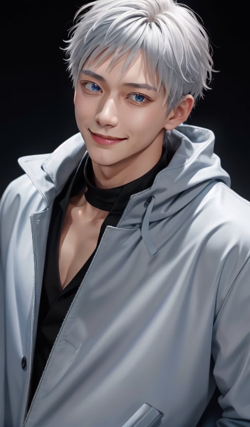 1boy, young male, silver hair, comma hair style, charming face, ice blue light eyes, sweet smile, wearing black neck covered jacket, detailed, highly complex, ultra detailed, 300dpi, 8k,satoru gojo,Man