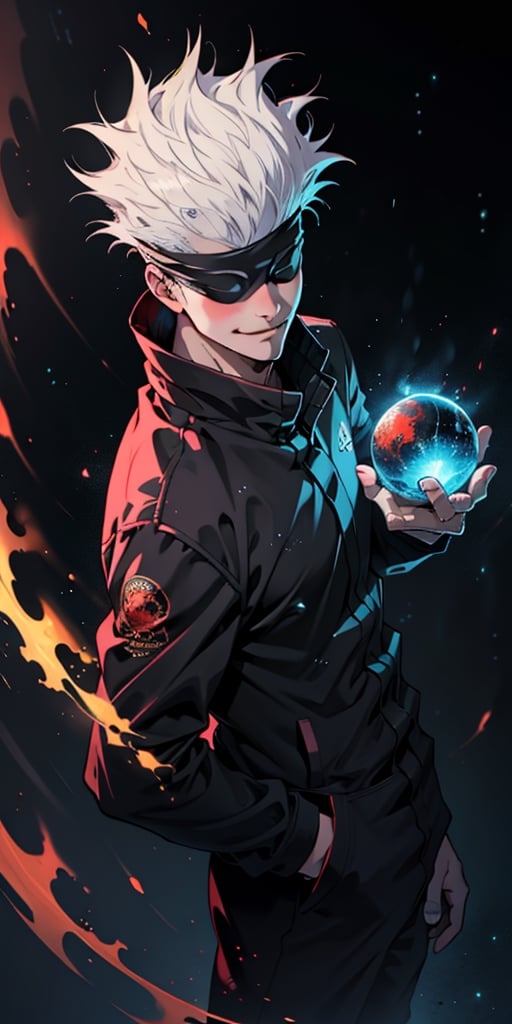 1boy, satoru gojo, blindfold, black jacket, white hair, standing, cowboy_shot, floating red energy sphere, floating blue energy sphere, smirk, black universe background, wallpaper, cinematic,fantasy00d