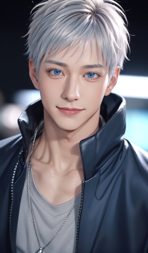 1boy, young male, silver hair, comma hair style, charming face, ice blue light eyes, sweet smile, wearing black neck covered jacket, detailed, highly complex, ultra detailed, 300dpi, 8k,satoru gojo