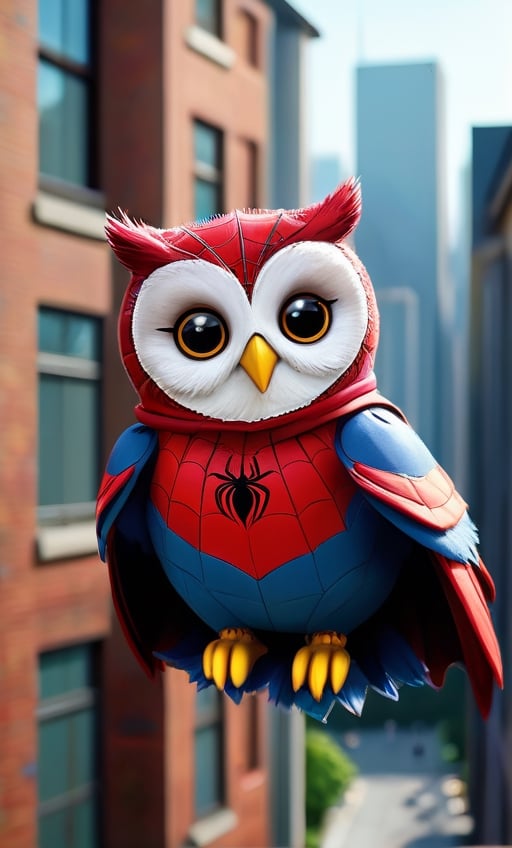 fluffy Big fat owl, wearing  spider man suit, extreme detailed, cute and innocent face, cityscape, flying between buildings, pixar style
