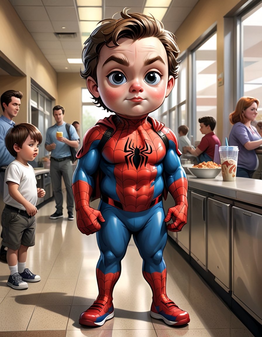 full body image, Spider Man fat belly, (tom holand) as a toddler, standing at cafeteria,  extreme caricature
,more detail XL