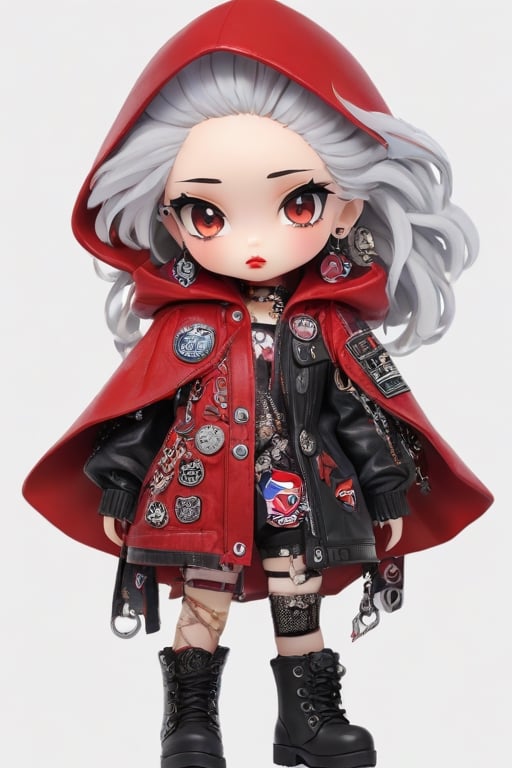 A punk rock version of Snow White, dressed in a rebellious fusion of avant-garde fashions. (standing: 1.2), red cape with hood and ripped mesh details, adorned with punk-inspired patches and brooches. Septum earrings, more calls, tattered dreadlocks, more patches, dirty, torn, anti-union spiked leather jackets, hardcore punk style jackets, punk badges, combat boots tied to legs, Rebellin,
(1girl:1.4), extreme detailed, highest detailed, (cute girl, 3year old:1.5), smokey eyes, bright red lips, (a sullen look:1.2), chibi,Xxmix_Catecat