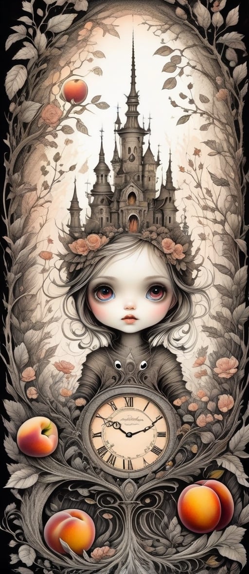 pen and ink, liquid ink, mail art, the peach goddess, dynamic , big eyes,  Ray Caesar, Craola, Dan Mumford, Andy Kehoe, 2d, flat, cute, adorable, vintage, art on a cracked paper, fairytale, patchwork, storybook detailed illustration, cinematic, ultra highly detailed, tiny details, beautiful details, mystical, luminism, vibrant colors, complex background,