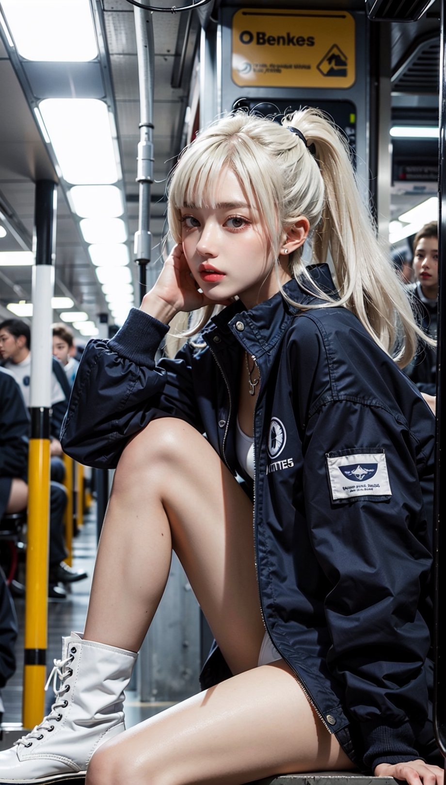 navy blue_jacket, 1girl,  18 years old girl, oversized_clothes , white_hair , white army boots , sitting inside a subway, Realism, side part bangs hair, full shot, white micro bikini inside, hot pants, collar