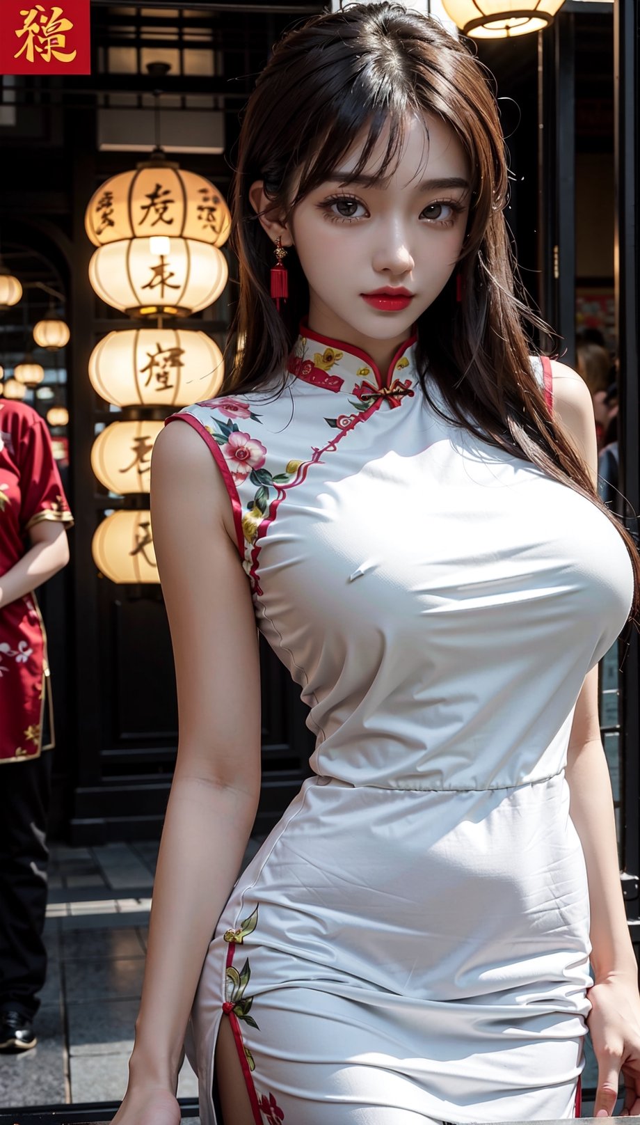 1girl,  18 years old girl,  pure face,  black long straight hair, deep side part bangs hair, (huge breasts:1.3), finger detailed,  background detailed,  ambient lighting,  extreme detailed,  realistic illustration, red eyes, (sexy white cheongsam:1.3), full body shot