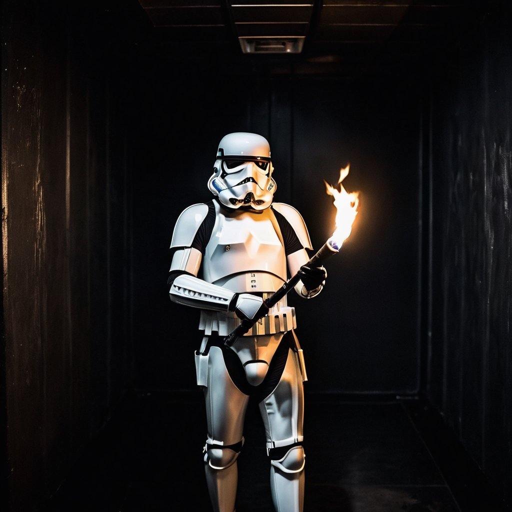 A chilling horror portrait of a stormtrooper in a (black room:1.2), eerily illuminated by a (torch light:1.3), haunting shadows, piercing gaze, tense atmosphere, sinister ambiance, Nikon Z6 II, 1/80s, f/3.5, ISO 1600, sharp contrasts, flickering light effects, fear-inducing expression, detailed texture of fear, high tension, psychological depth, gripping narrative, stark minimalism, immersive mood, captivating horror aesthetics.