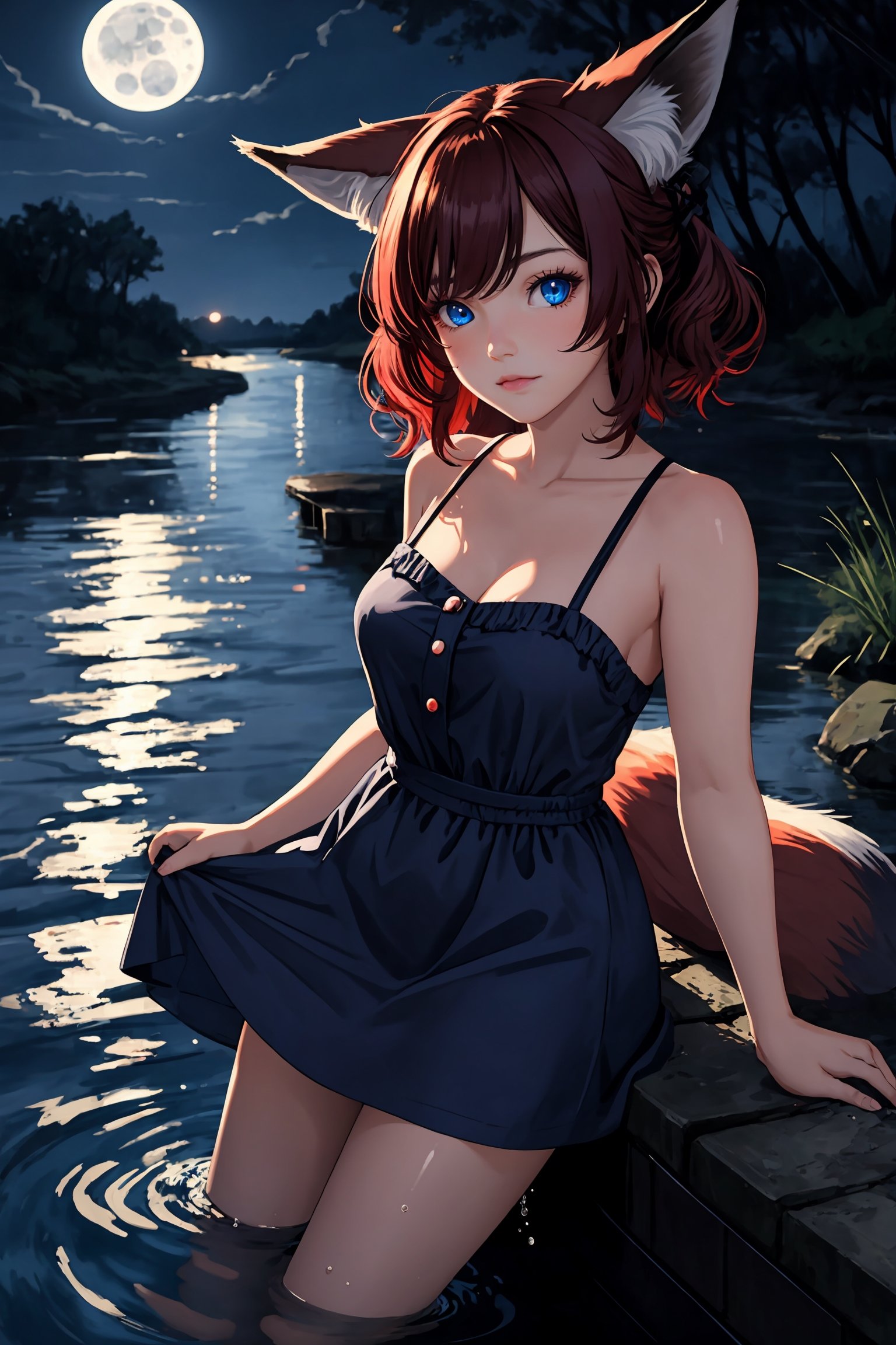 1girl, multi calour, hair, red, black, medium body, medium breasts, realist blue eyes, fox ears, fox tail, moonlight, shadow, water, short dress, perfect, cute face, 