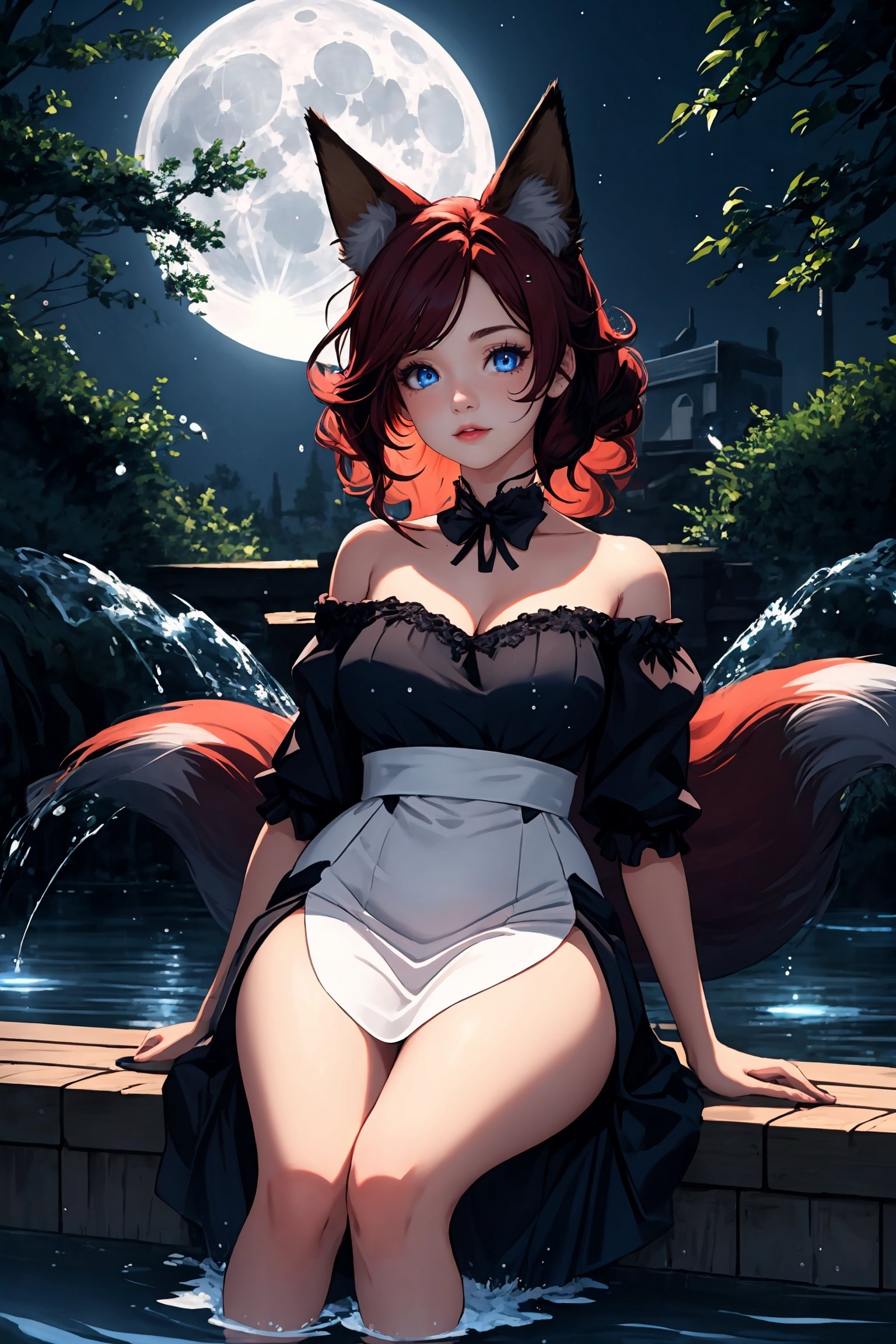 1girl, multi calour, hair, red, black, curvy body, medium breasts, realist blue eyes, fox ears, fox tail, moonlight, water, droplets, cute dress, short, perfect, cute face, 