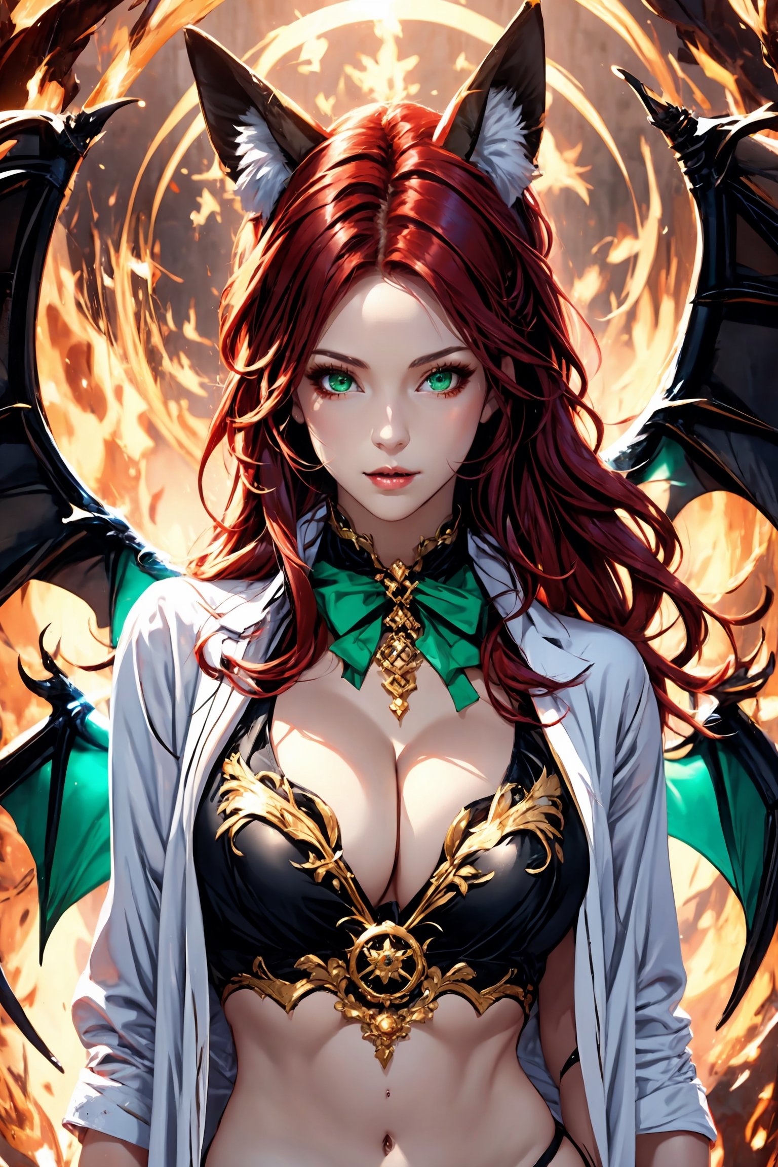 1 fox girl, fox tail, red hair, mid-length hair, fit curvy body, medium breasts, cleavage, beutiful detailed green eyes, senary, devil wings, semi-realistic