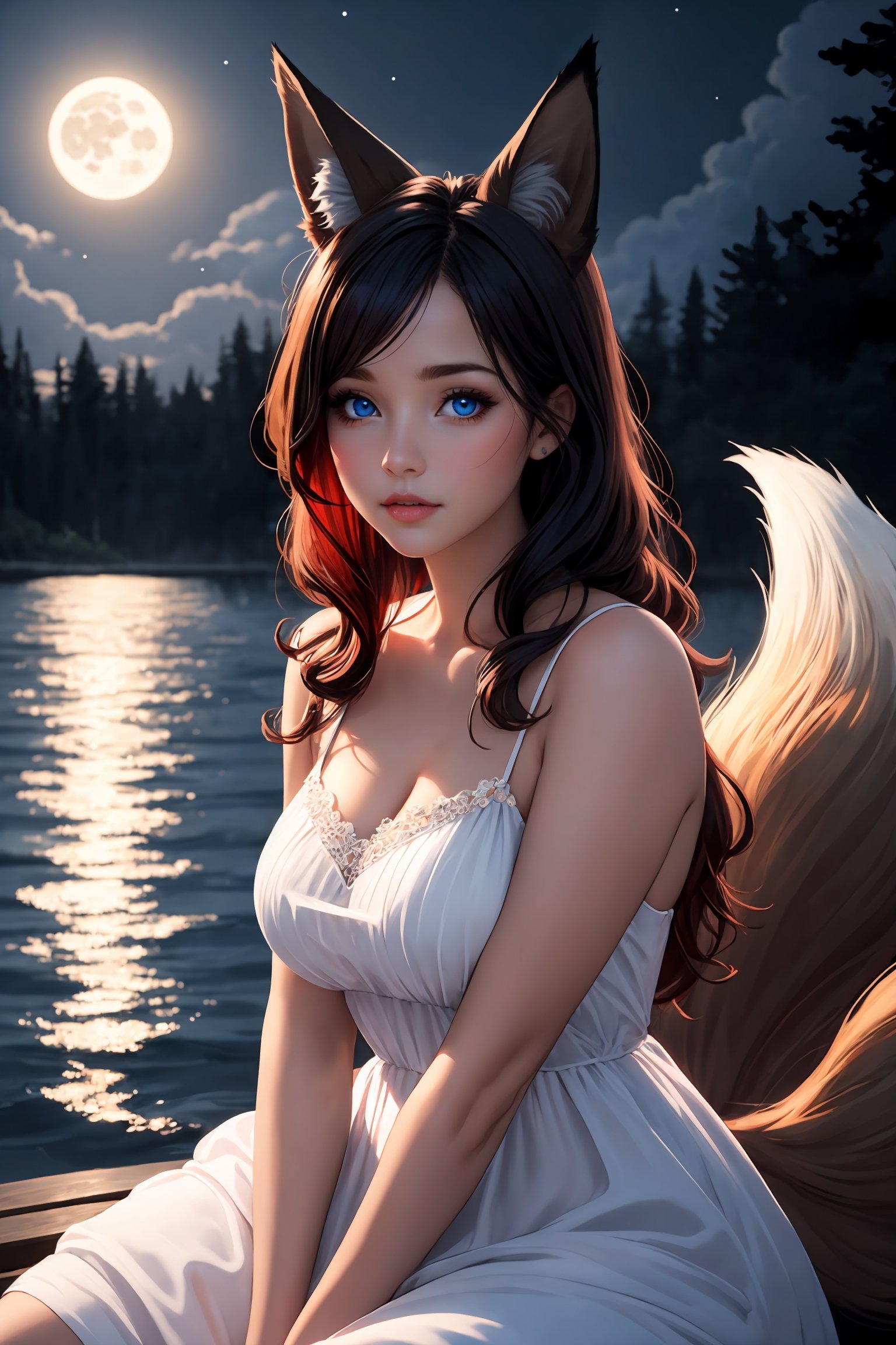 1girl, multi calour, hair, red, black, fit curvy body, medium breasts, realist blue eyes, fox ears, fox tail, moonlight, water, droplets, cute dress, short, perfect, cute face, semi-realistic 