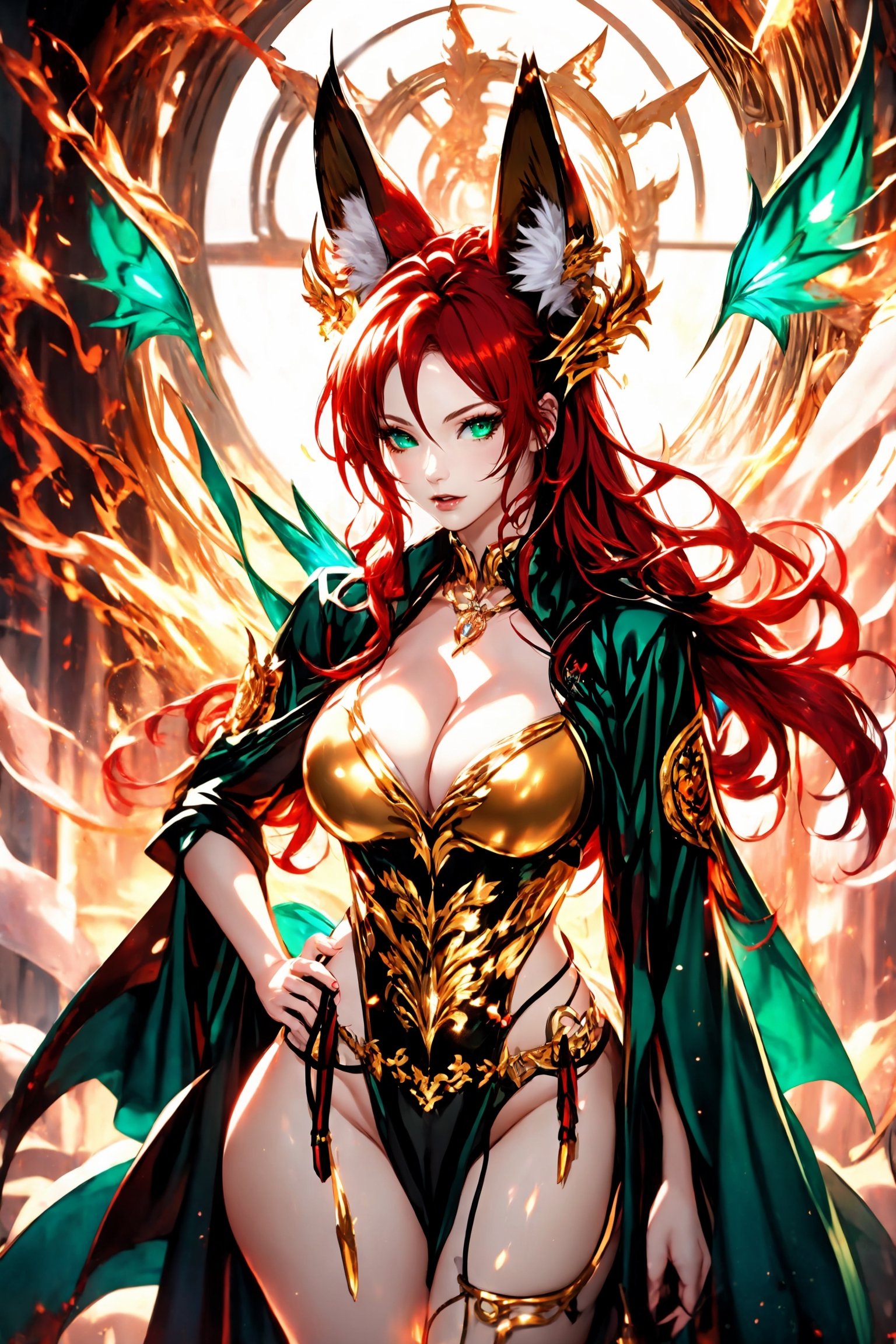 1 fox girl, fox tail, red hair, mid-length hair, fit curvy body, medium breasts, cleavage, beutiful detailed green eyes, senary, devil wings, semi-realistic