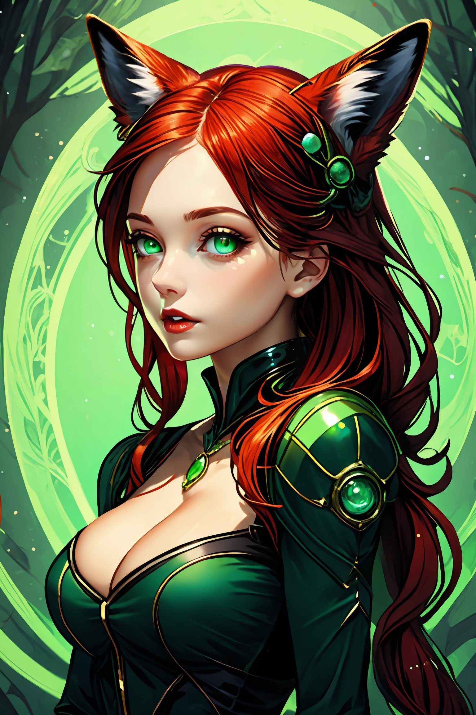 1 fox girl, fox tail, red hair, mid-length hair, fit curvy body, medium breasts, cleavage, beutiful detailed green eyes, senary, semi-realistic