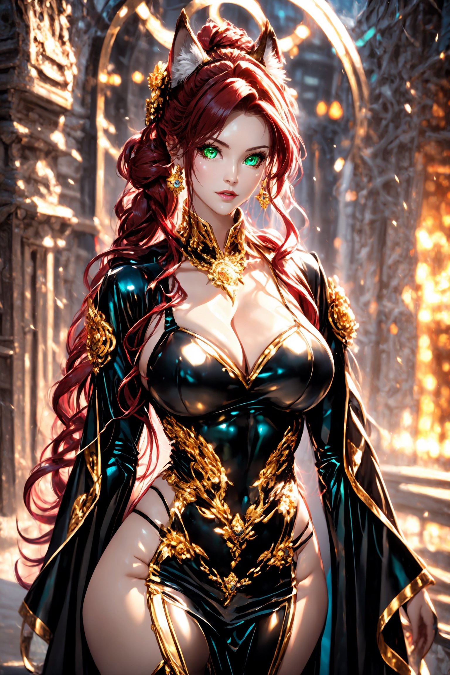 1 fox girl, fox tail, red hair, mid-length hair, fit curvy body, medium breasts, cleavage, beutiful detailed green eyes, senary, semi-realistic