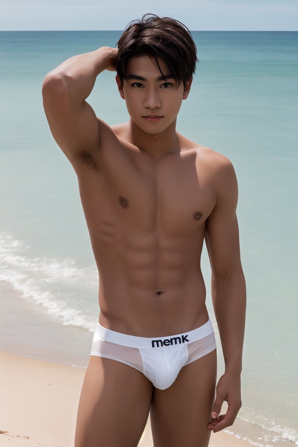 Medium full body shot, masterpiece,1boy , young ,  topless, black underwear,textured skin , super detail, best quality, flirty face, black eyes, white skin, at the beach 