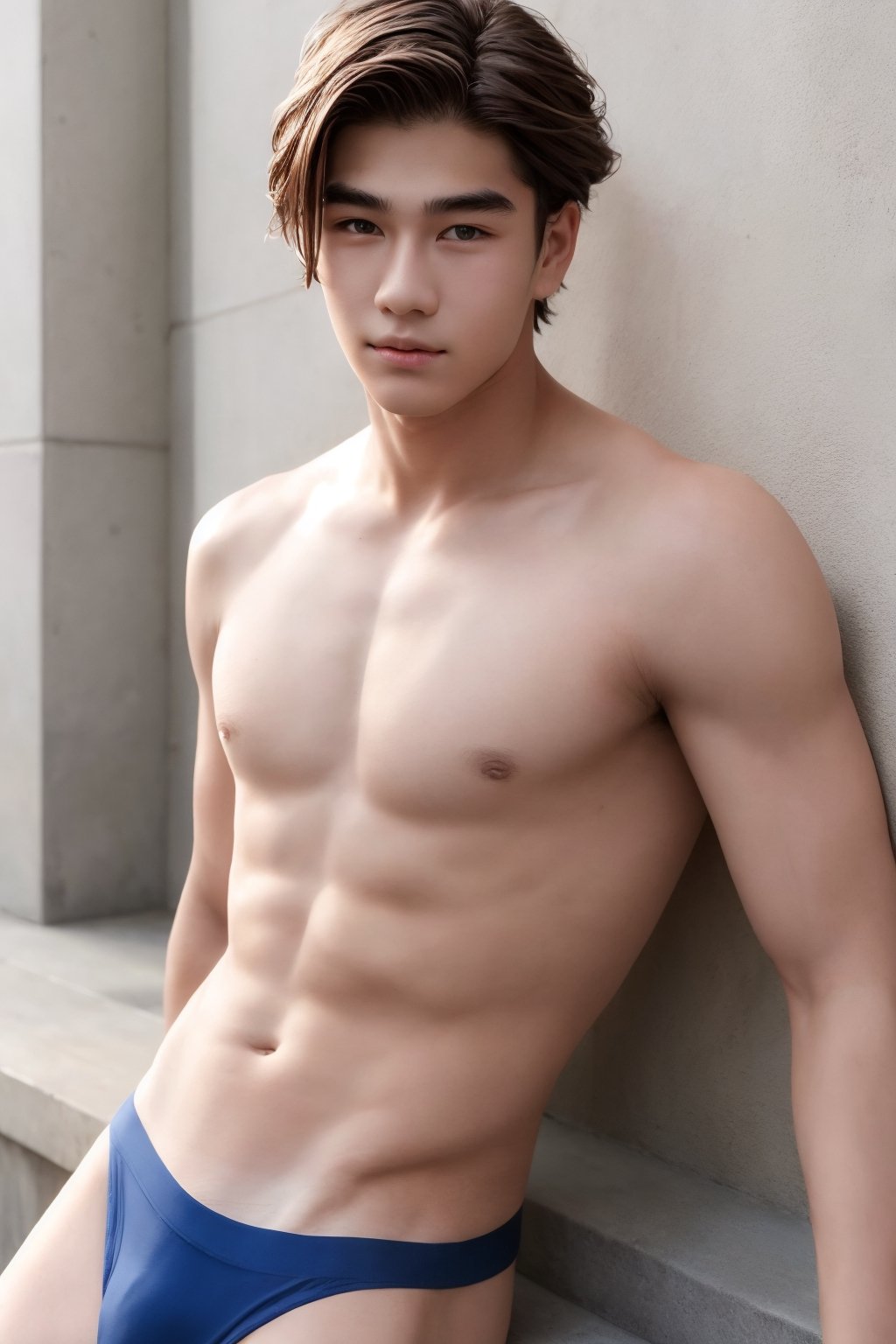 1boy, model face, black eyes, white skin, school_uniform,
Shirtless, thong , 18 years old, model face ,photorealistic, idol ,Youngman