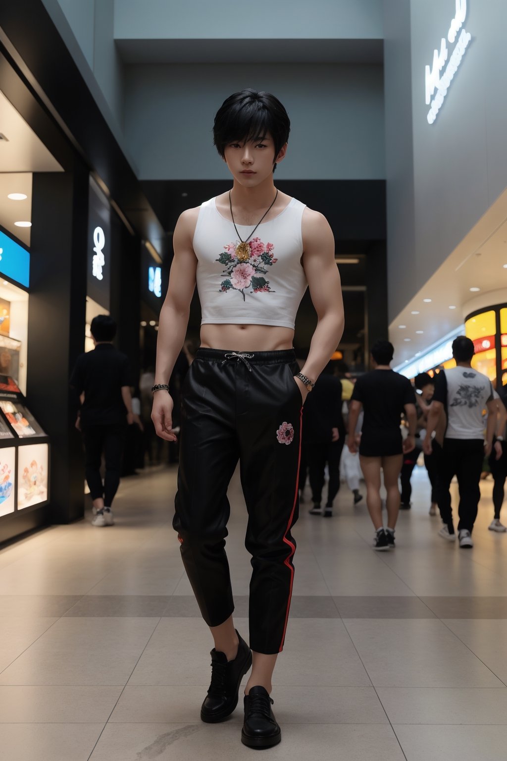 Medium full body shot ,masterpiece, best illustration, detailed 8K,male focus,hair between eyes, masterpiece, (best quality:1.3),best illustration,extremely detailed 8K wallpaper, 1boy, anime, japanese idol , Flowers, crop top, bad boy, slime, at the mall, crazy, sexy pose