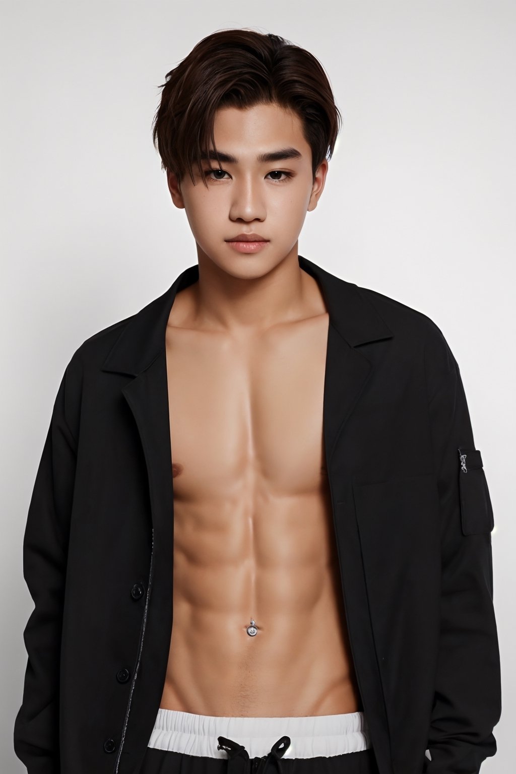 Medium full body shot, masterpiece,1boy ,young , topless, baggie pants ,textured skin , super detail, best quality, flirty face, black eyes,