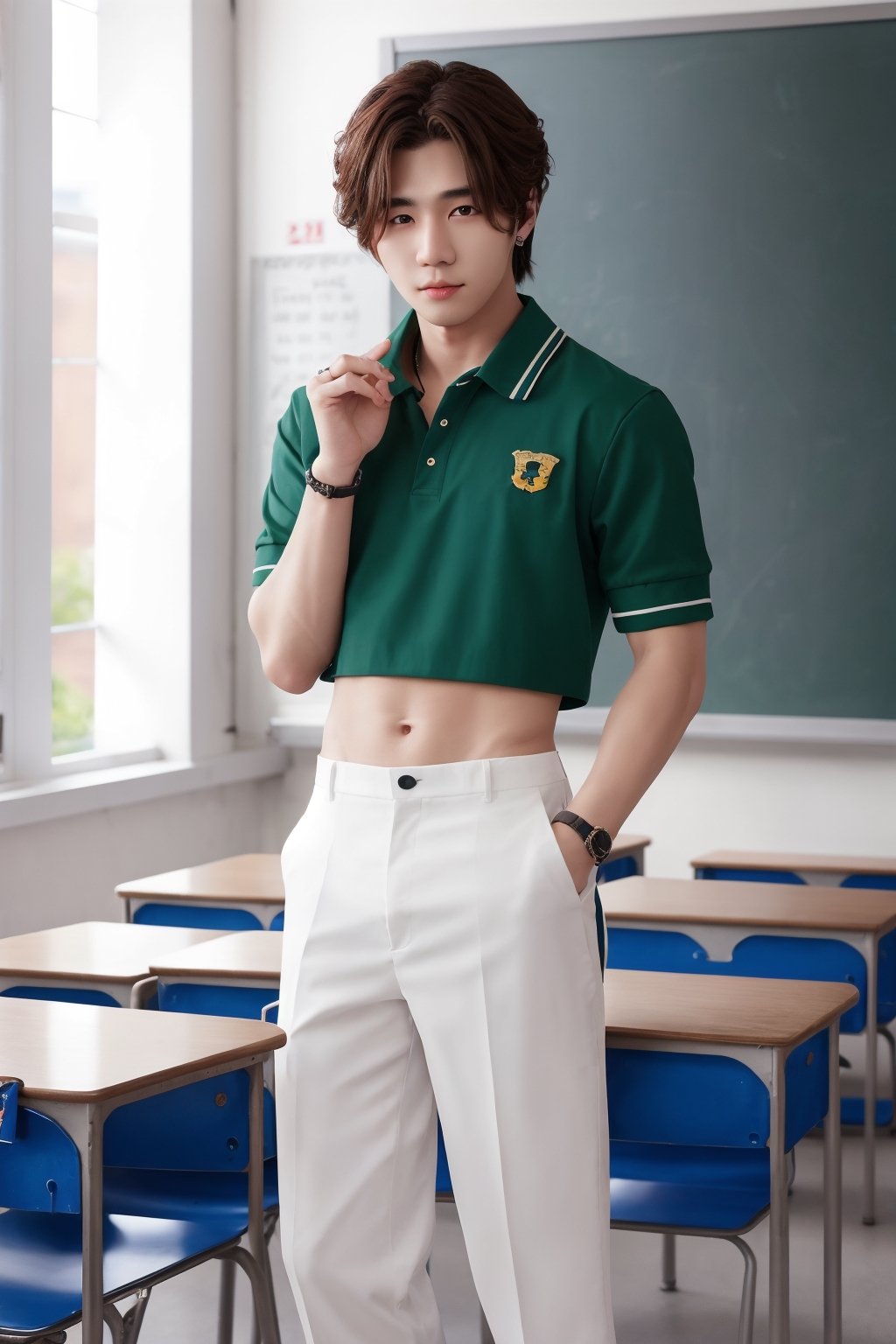 Medium full body shot ,masterpiece, best illustration, detailed 8K,hair between eyes, masterpiece, (best quality:1.3),best illustration,extremely detailed 8K wallpaper, youngman, k pop idol ,school uniform, crop top, bad boy, slime, at the classroom , sexy pose