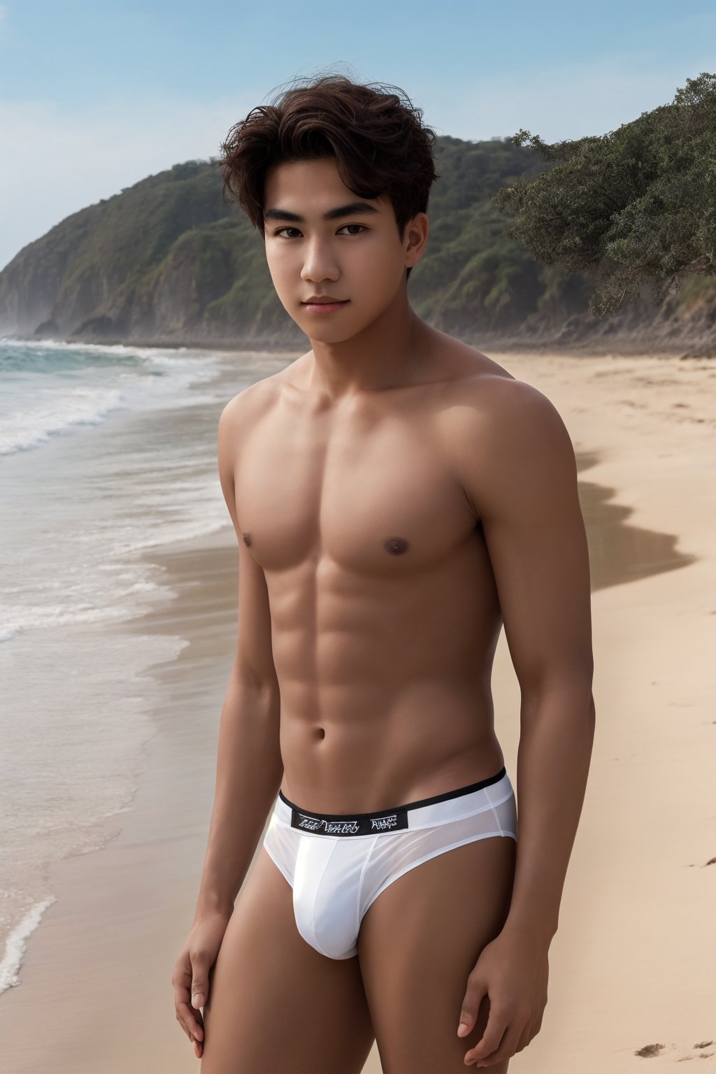 Medium full body shot, masterpiece,1boy , young ,  topless, black underwear,textured skin , super detail, best quality, flirty face, black eyes, white skin, at the beach 