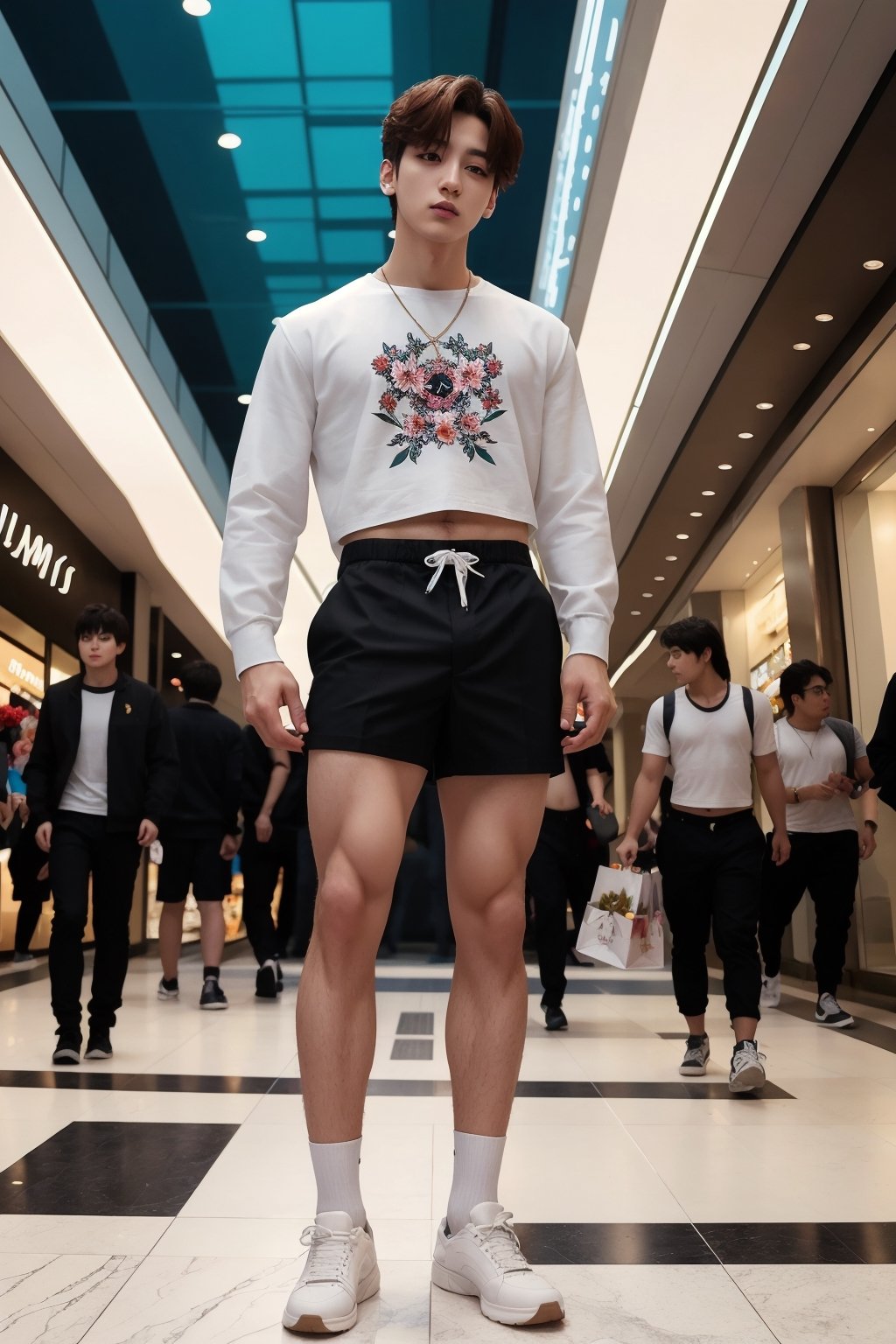 Medium full body shot ,masterpiece, best illustration, detailed 8K,male focus,hair between eyes, masterpiece, (best quality:1.3),best illustration,extremely detailed 8K wallpaper, 1boy, anime, jungkook, Flowers, crop top, bad boy, slime, at the mall, crazy, sexy pose